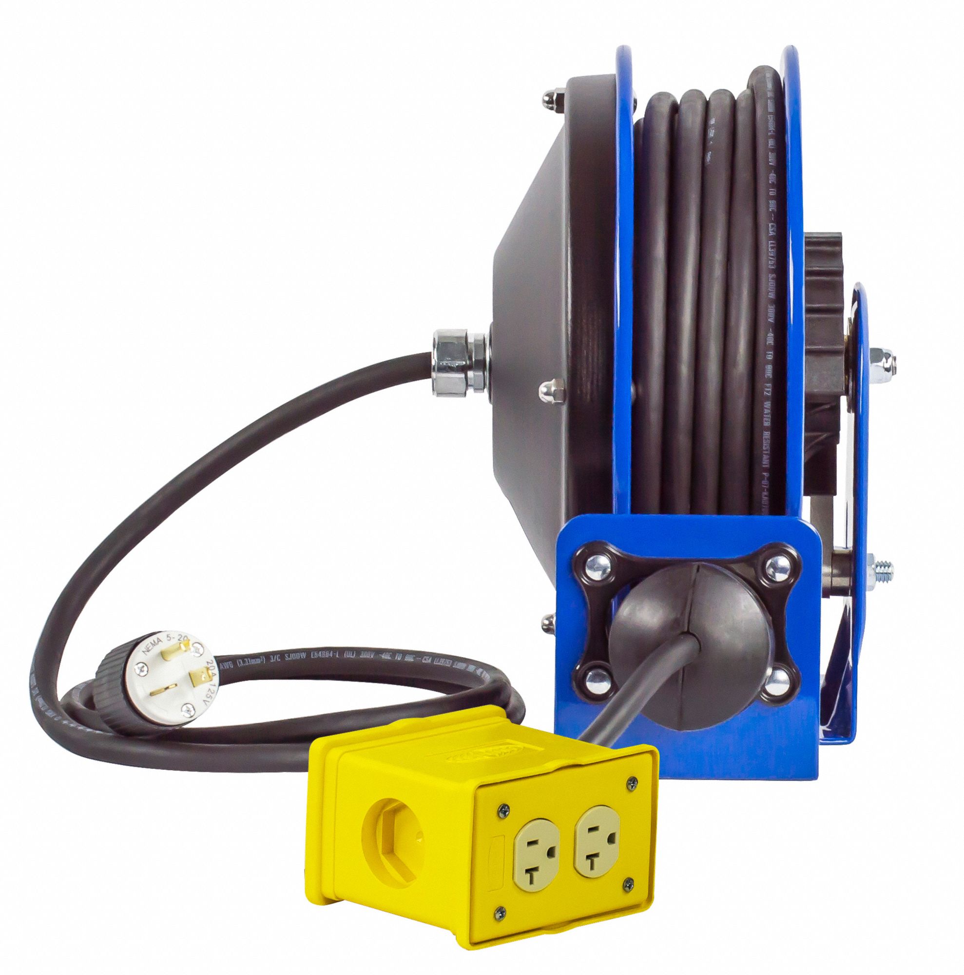 Coxreels PC10-3012-F Compact efficient heavy duty power cord reel with a duplex G.F.C.I metal industrial receptacle