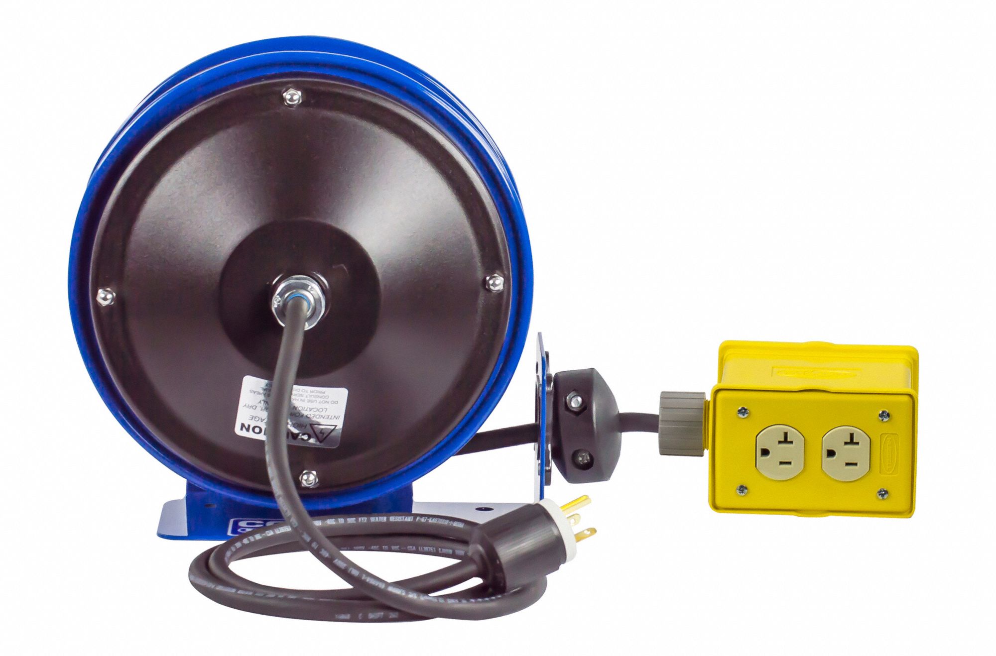 COXREELS Extension Cord Reel, Spring Retraction, 120V AC, Quad Box Receptacle, 30 ft, Blue Reel