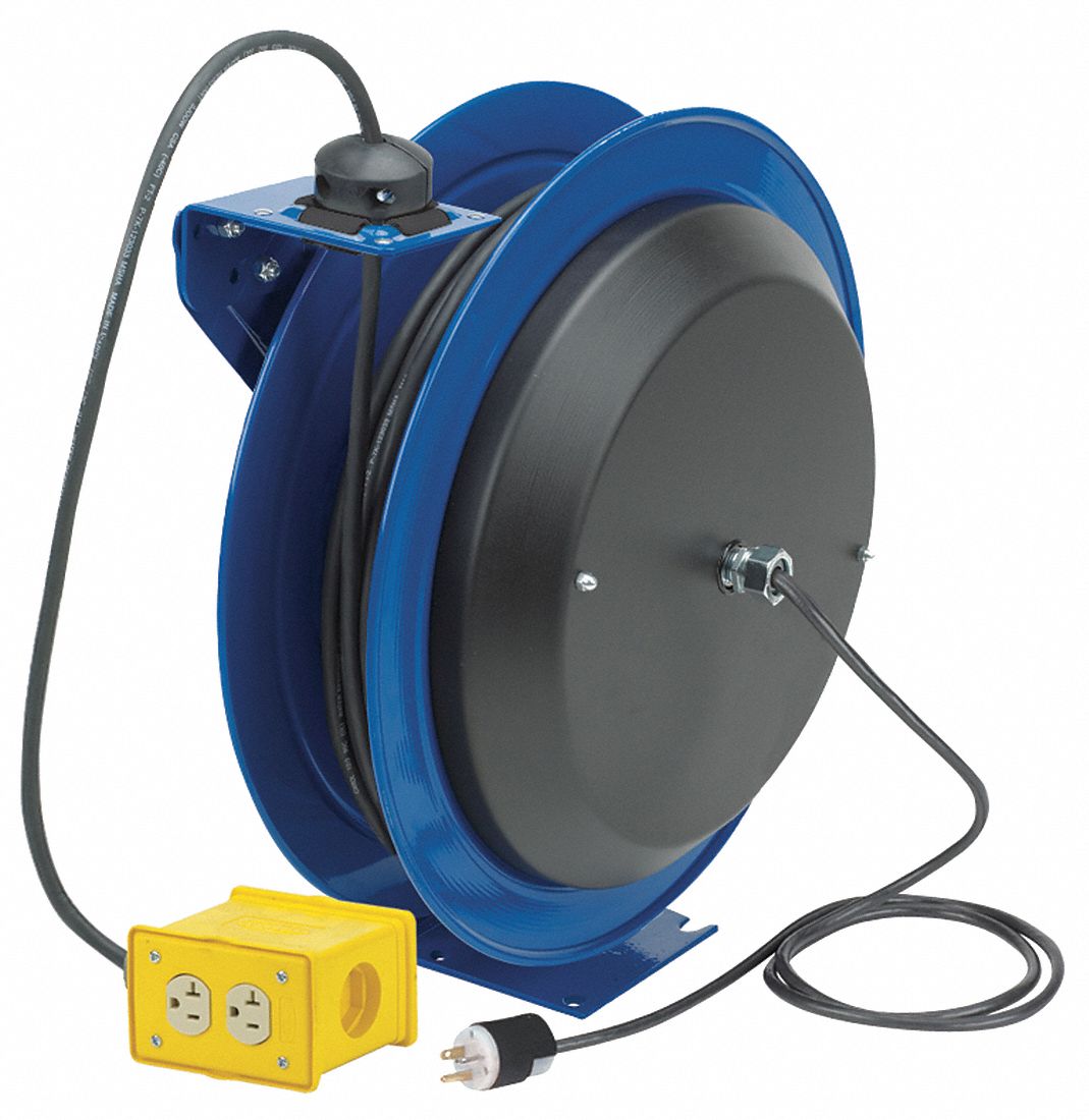Retractable Cord Reel, 120V AC, Quad Box Receptacle, 75 ft, Blue Reel