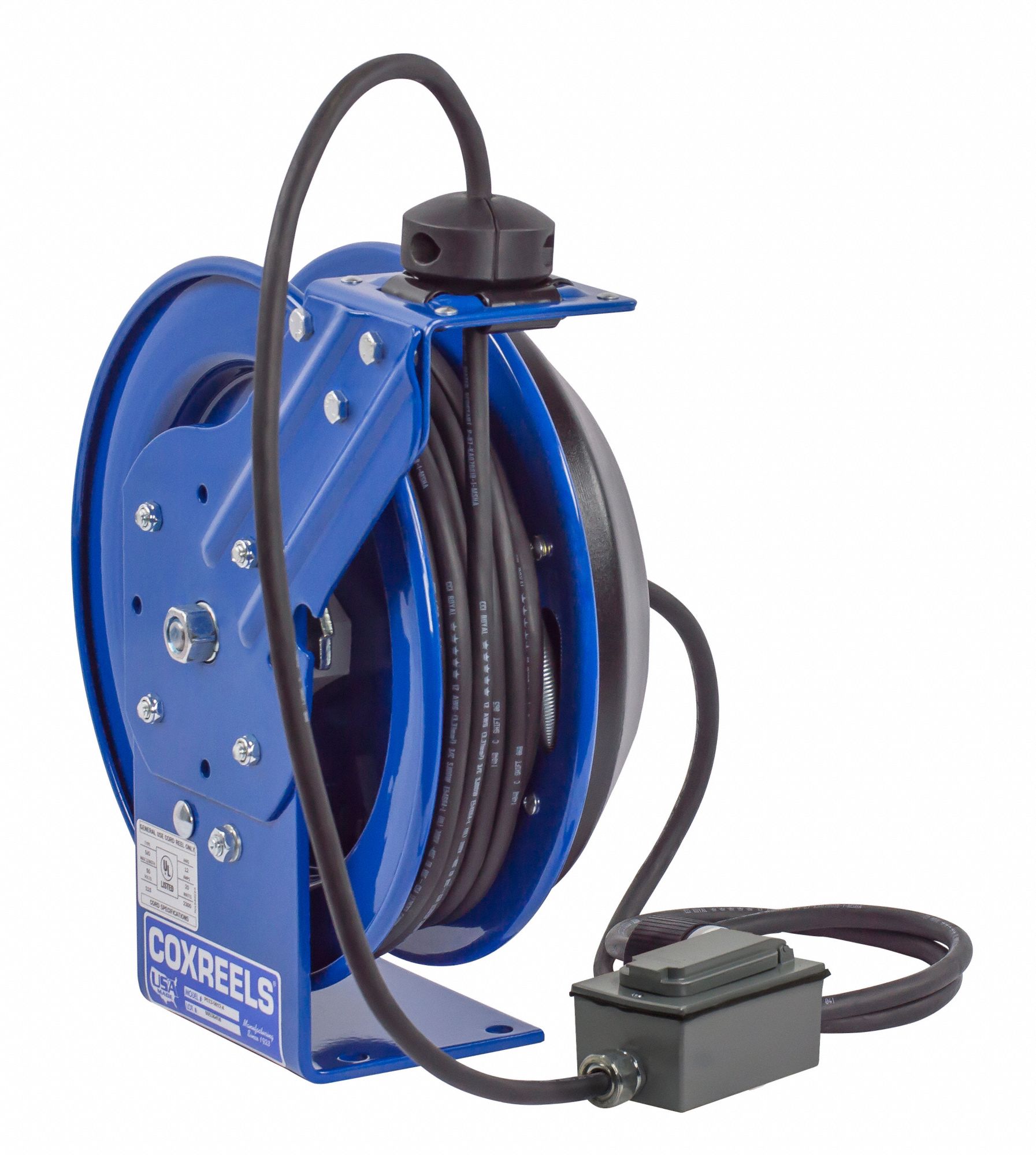 COXREELS Extension Cord Reel, Spring Retraction, 120V AC, Duplex GFCI