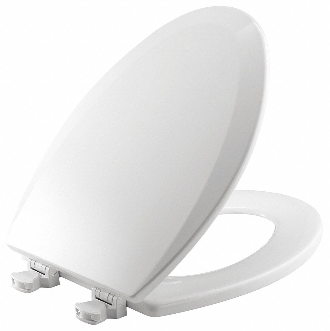 TOILET SEAT: WHITE, PLASTIC, EXTERNAL CHECK HINGE, 2 IN SEAT H, 18⅞ IN BOLT TO SEAT FRONT