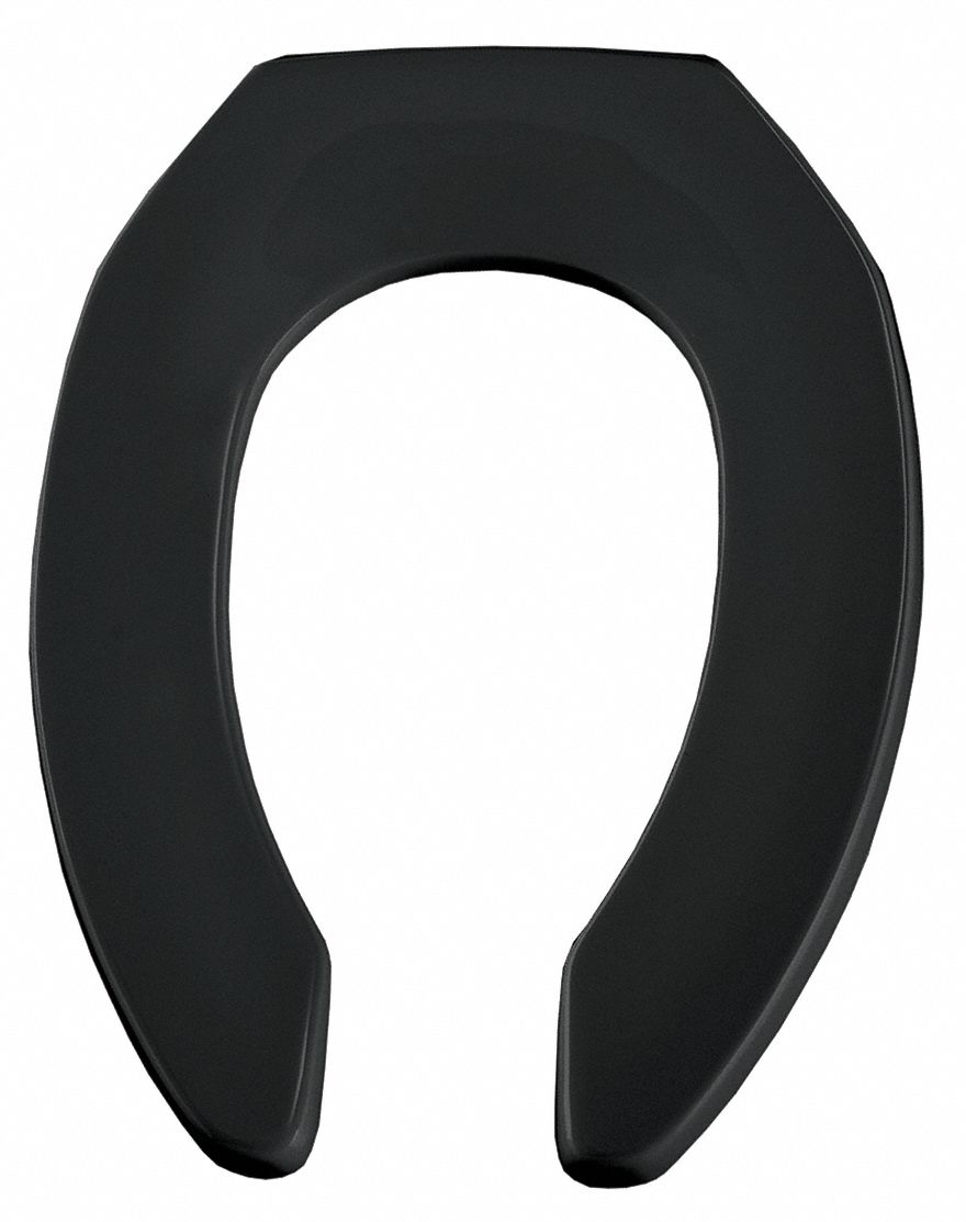 TOILET SEAT: BLACK, PLASTIC WITH STAINLESS STEEL POSTS, SELF-SUSTAINING CHECK HINGE, OPEN