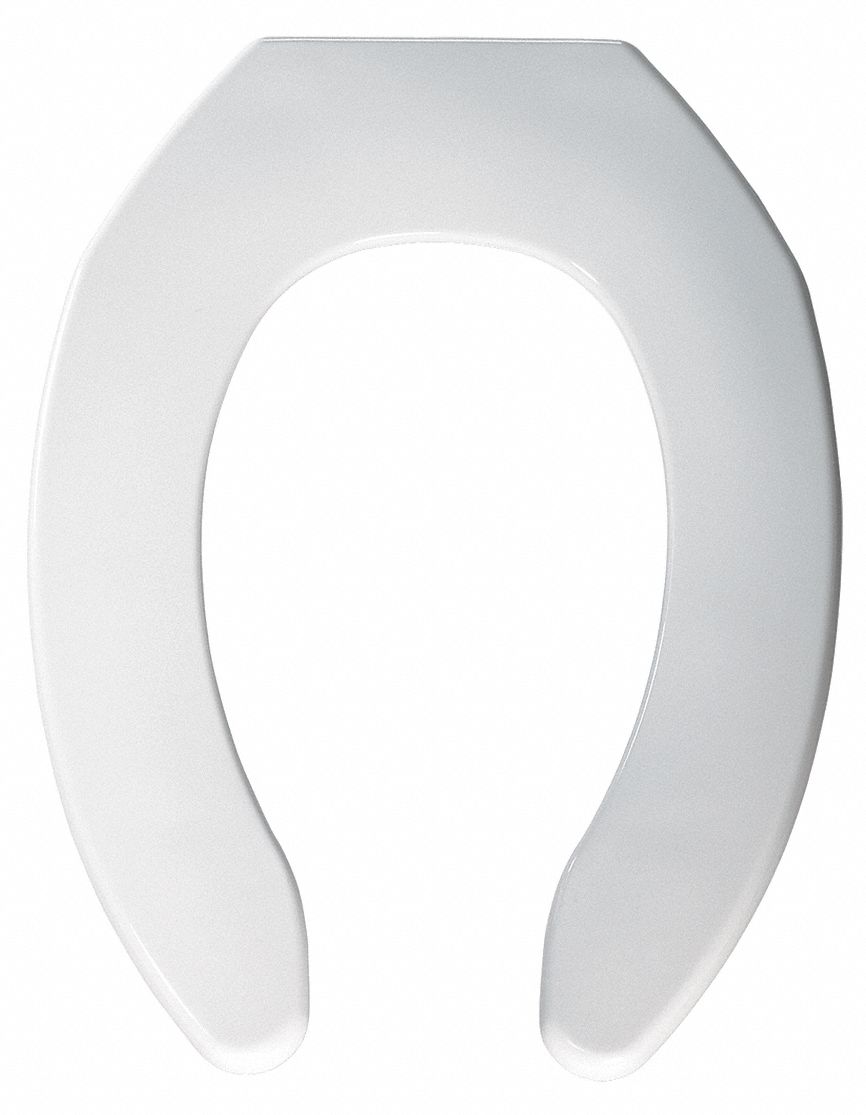 TOILET SEAT: WHITE, PLASTIC WITH SS POSTS, SELF-SUSTAINING CHECK HINGE, OPEN, STD