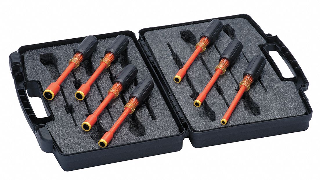 NUT DRIVER SET, 7 PIECE SET, INSULATED, 9¼ IN L,SAE