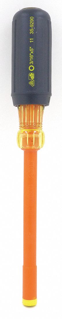 NUT DRIVER, 3/16 IN, SOLID, INSULATED, 5 IN