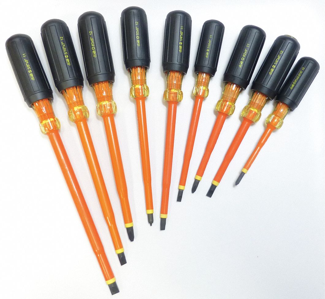 SCREWDRIVER SET, ACETATE, VINYL GRIP, HANDLE, 9 PIECES, INSULATED, 7 IN TO 13 IN L