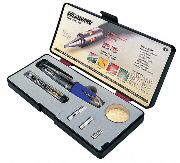 WESTWARD Butane Soldering Iron Kit; Manual Ignition Compact Micro Butane Soldering Iron And