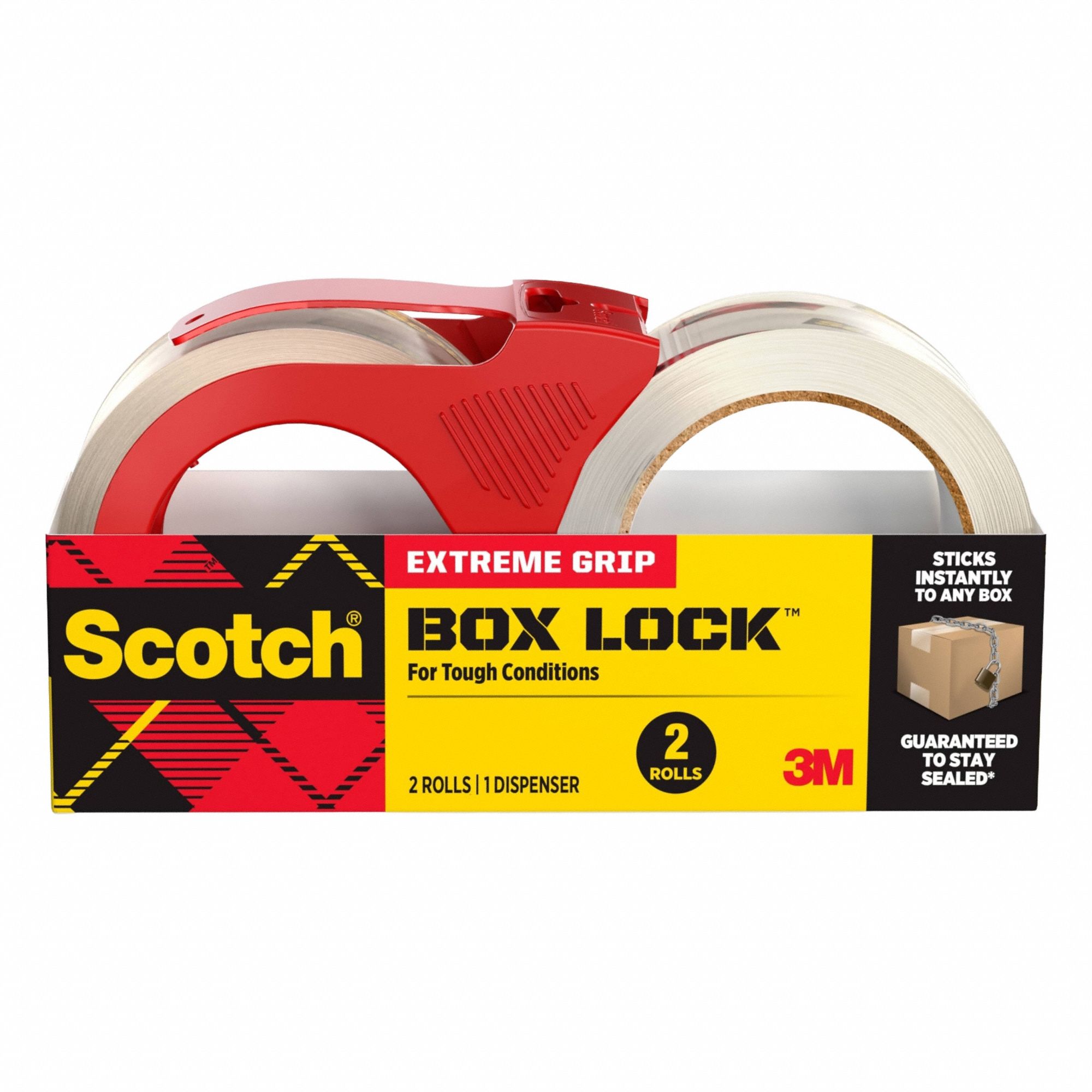 Packaging Tape with Dispenser: Clear, 3.1 mil Tape Thick, 60 oz/in Tape Adhesive Strength, 2 PK