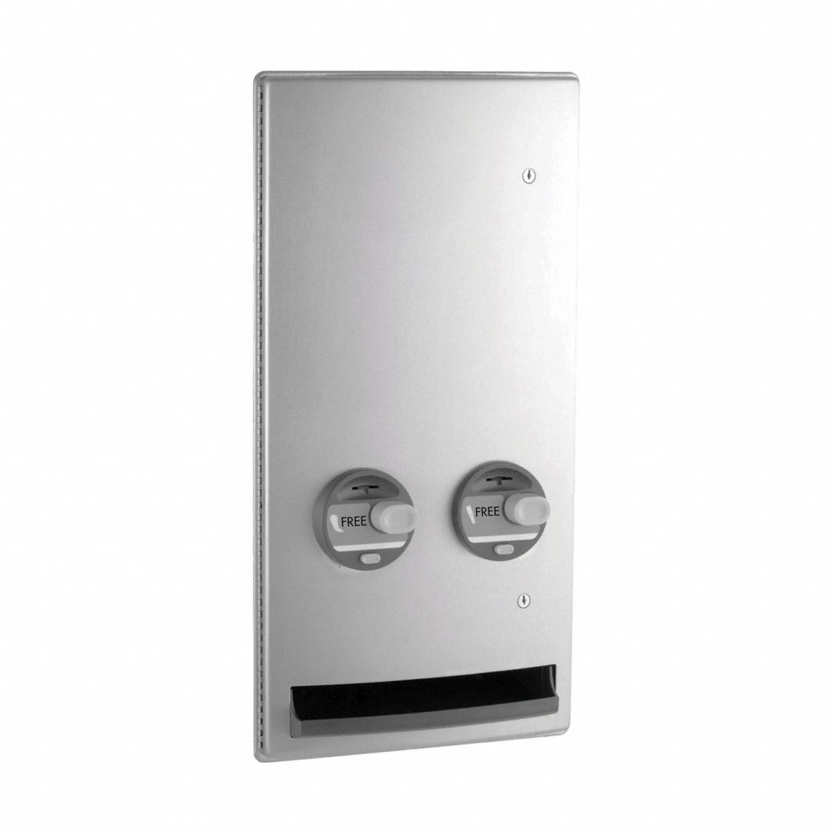 Sanitary Napkin and Tampon Dispenser: Coin Free, Gray, Stainless Steel, 30 Tampon Capacity