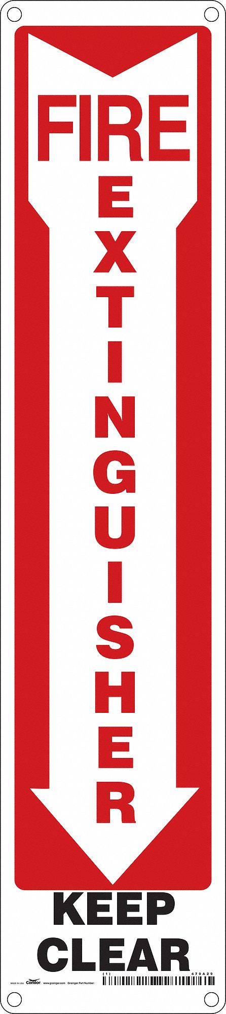 SAFETY SIGN, POLYETHYLENE, MOUNTING HOLES, 18 IN X 4 IN NOMINAL SIGN SIZE, FIRE EXTINGUISHER KEEP CLEAR