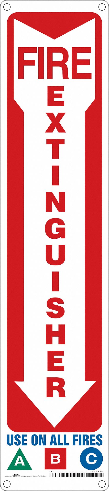 SAFETY SIGN, ALUMINUM, HOLE MOUNT, 18 X 4 IN NOMINAL SIGN SIZE, 0.032 IN THICK, FIRE EXTINGUISHER USE ON ALL FIRES A B C