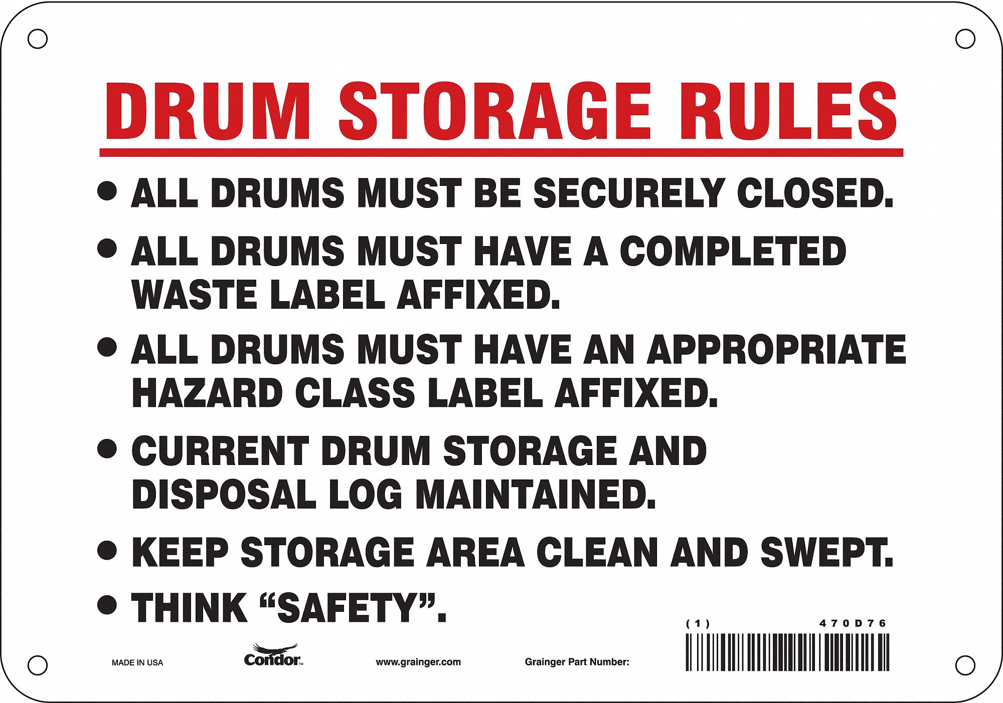 Safety Sign: Aluminum, Mounting Holes Sign Mounting, 7 in x 10 in Nominal Sign Size, 0.032 in Thick