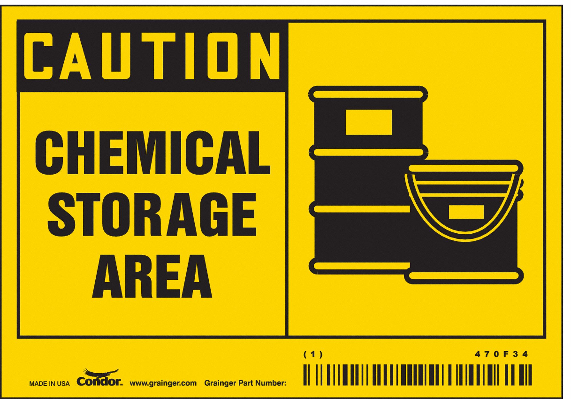 SAFETY SIGN, VINYL, ADHESIVE MOUNT, 3½ IN X 5 IN NOMINAL SIGN SIZE, NOT RETROREFLECTIVE, CHEMICAL STORAGE AREA