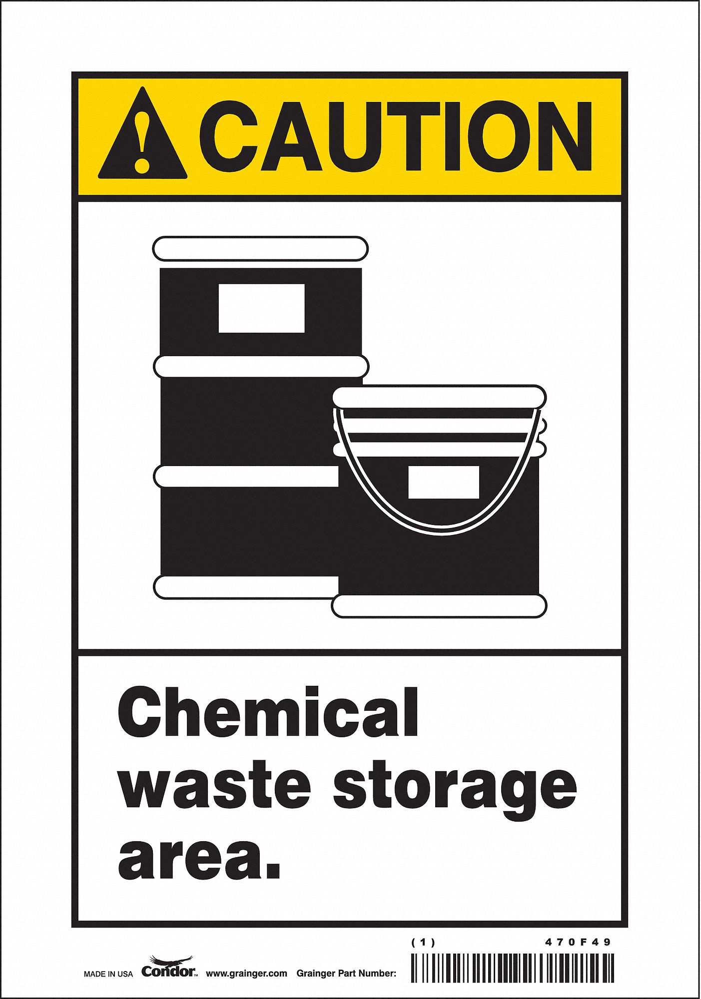 SAFETY SIGN, VINYL, ADHESIVE MOUNT, 10 IN X 7 IN NOMINAL SIGN SIZE, NOT RETROREFLECTIVE, CHEMICAL WASTE STORAGE AREA.