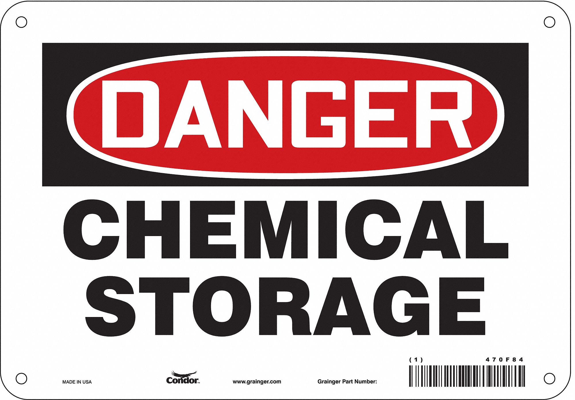 SAFETY SIGN, ALUMINUM, MOUNTING HOLES, 7 IN X 10 IN NOMINAL SIGN SIZE, 0.032 IN THICK, CHEMICAL STORAGE