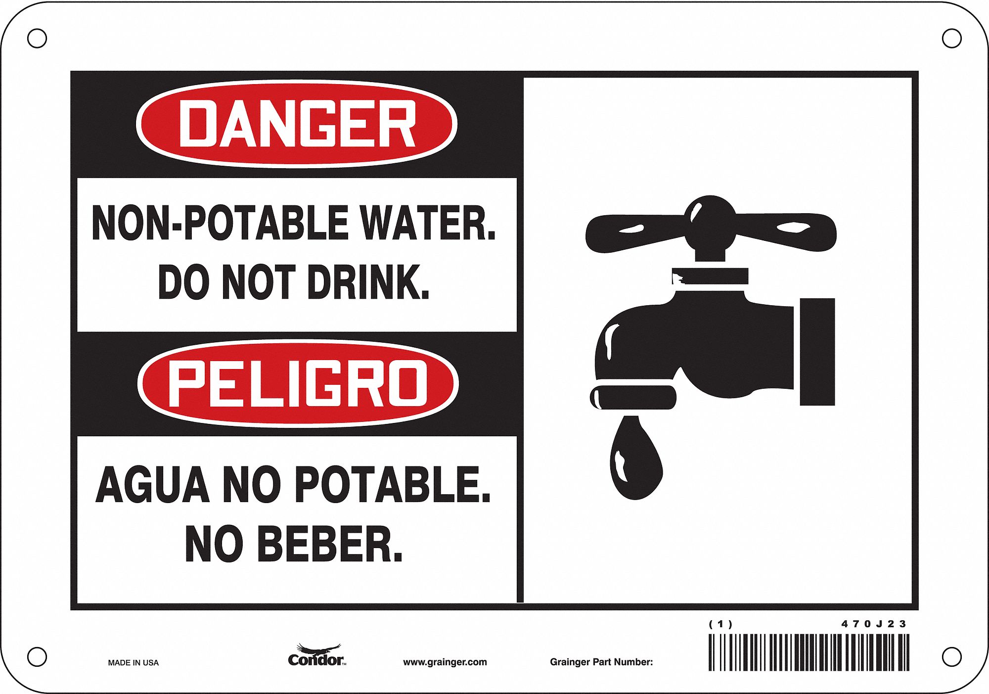 SAFETY SIGN, ALUMINUM, HOLE MOUNT, 7 X 10 IN, 0.032 IN THICK, NON-POTABLE WATER. DO NOT DRINK./AGUA NO POTABLE. NO BEBER