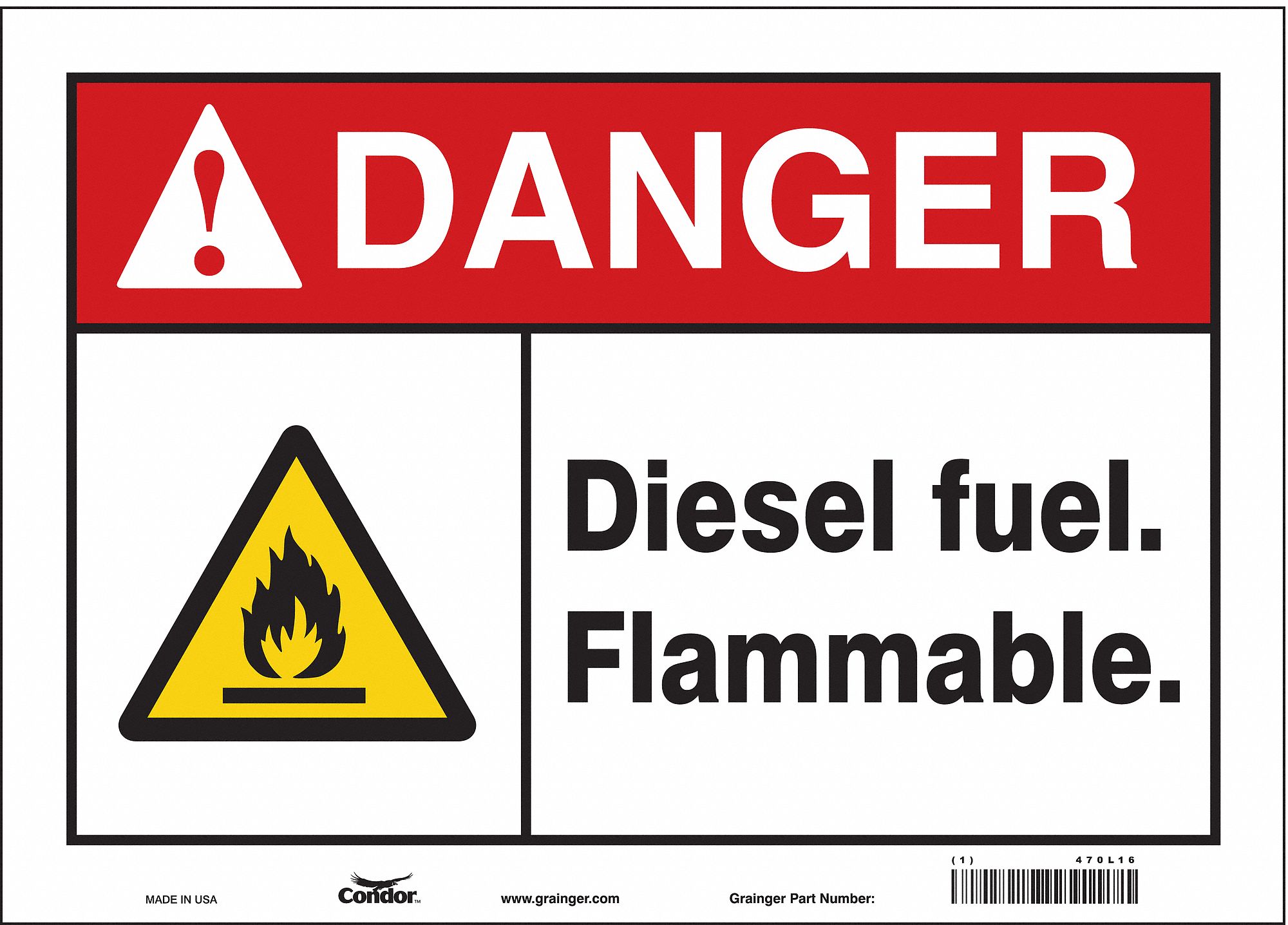 SAFETY SIGN, VINYL, ADHESIVE MOUNT, 10 IN X 14 IN NOMINAL SIGN SIZE, NOT RETROREFLECTIVE, DIESEL FUEL. FLAMMABLE.