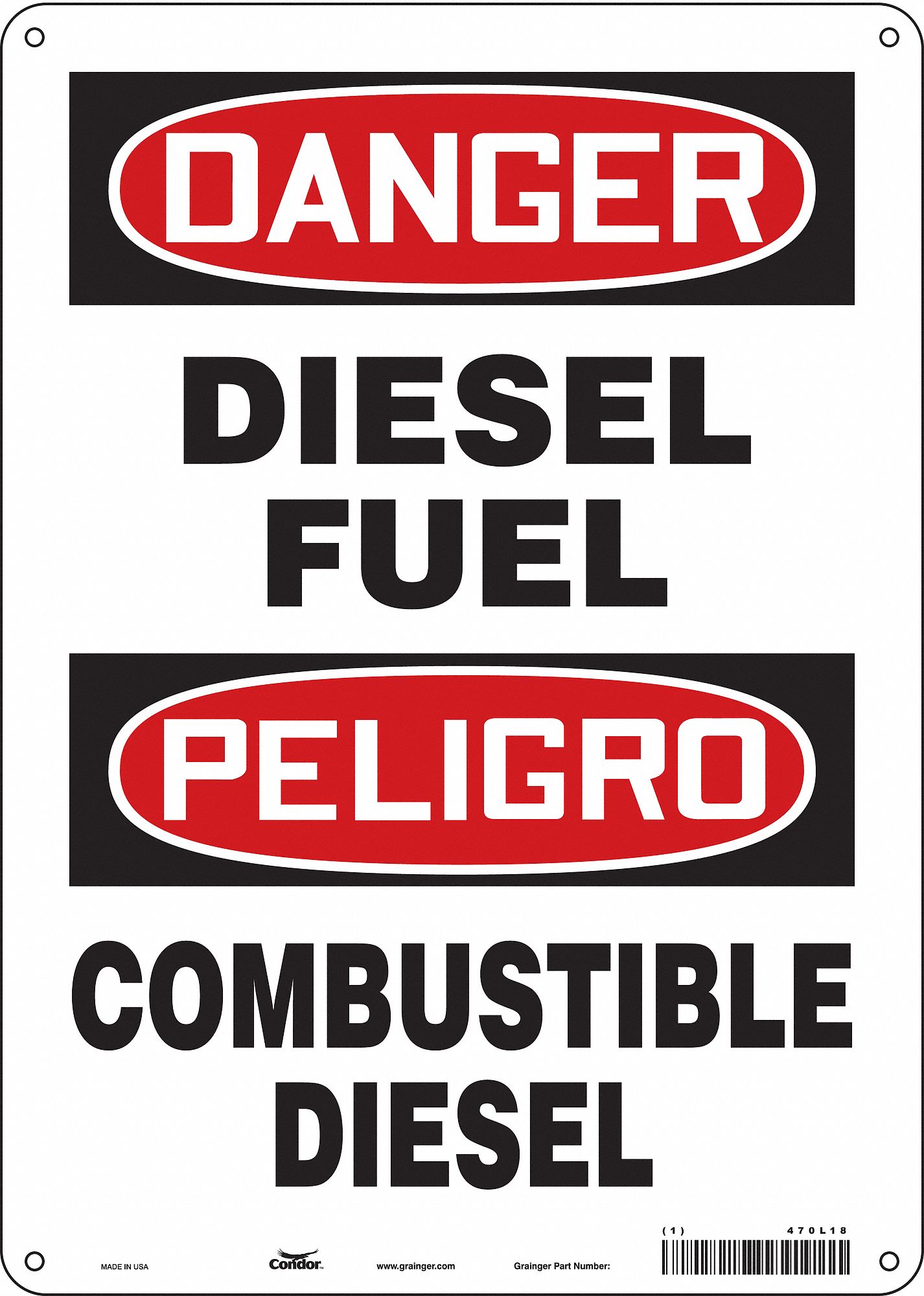 CONDOR Safety Sign, Sign Format Traditional OSHA, Diesel Fuel ...