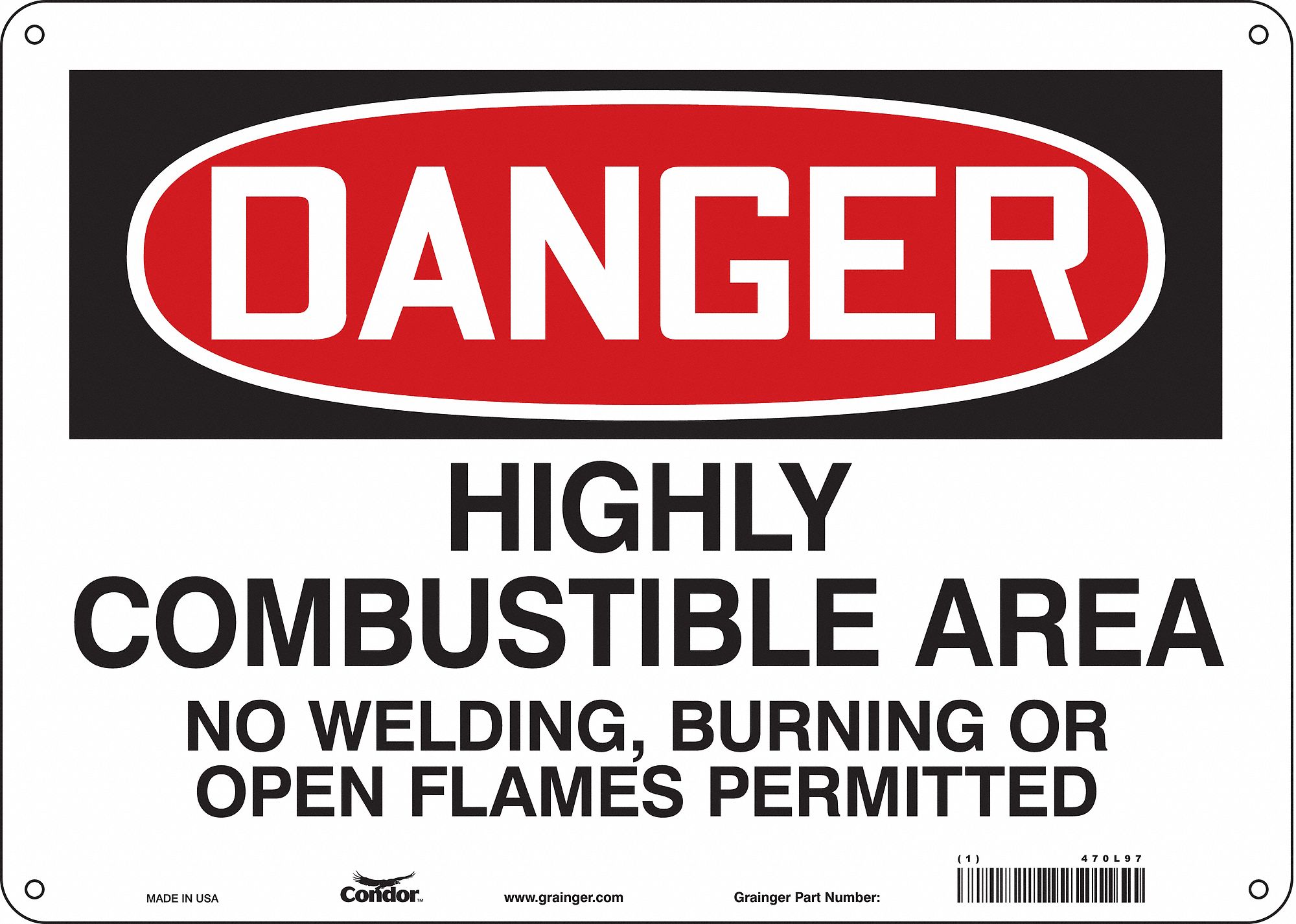 Safety Sign: Aluminum, Mounting Holes Sign Mounting, 10 in x 14 in Nominal Sign Size, 0.032 in Thick