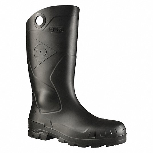 Rubber Boot: Defined Heel/Oil Resistant Sole/Steel Toe/Waterproof, Flex,  PVC, Black, DUNLOP, D, 1 PR