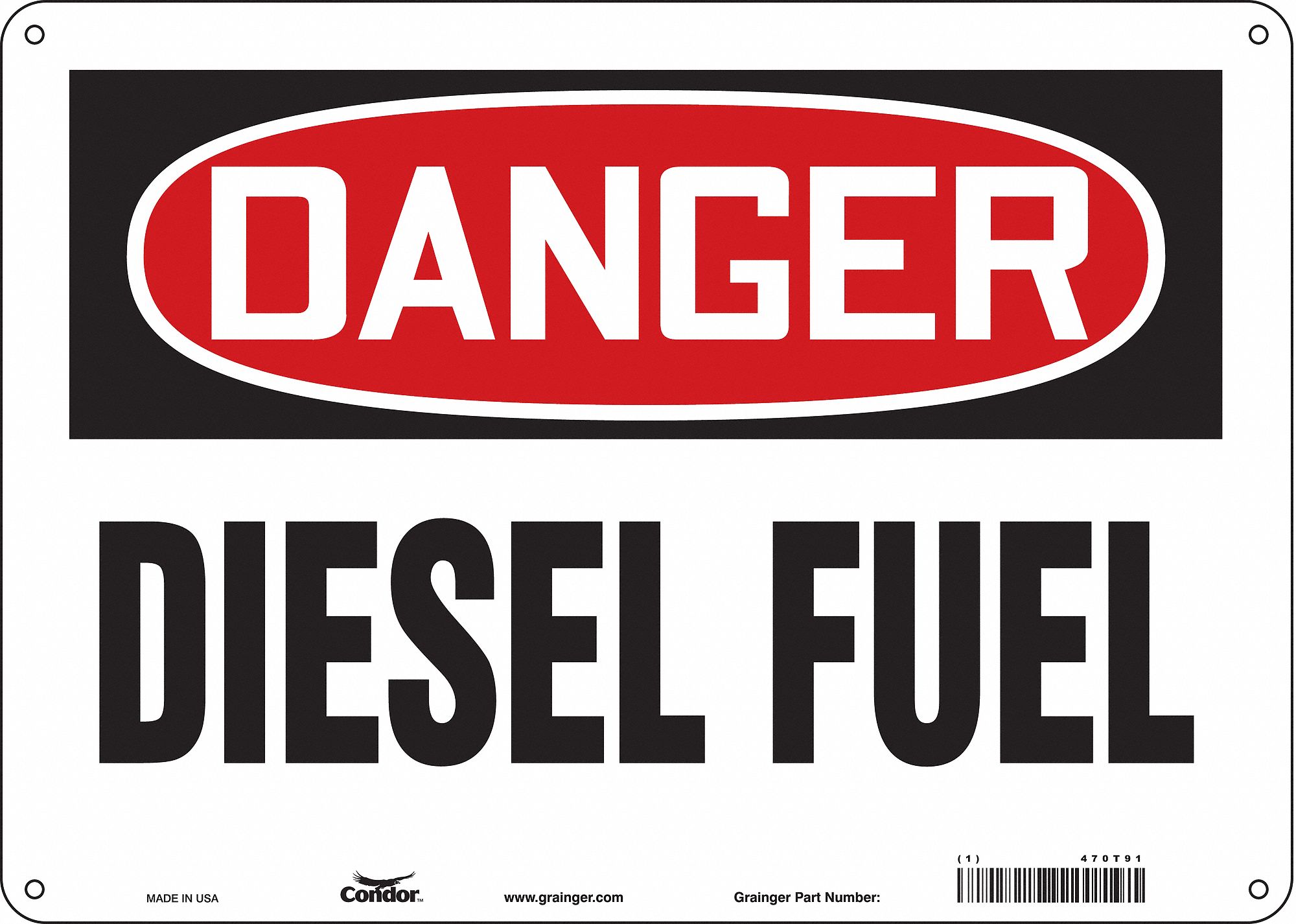 SAFETY SIGN, ALUMINUM, MOUNTING HOLES, 10 IN X 14 IN NOMINAL SIGN SIZE, 0.032 IN THICK, DIESEL FUEL