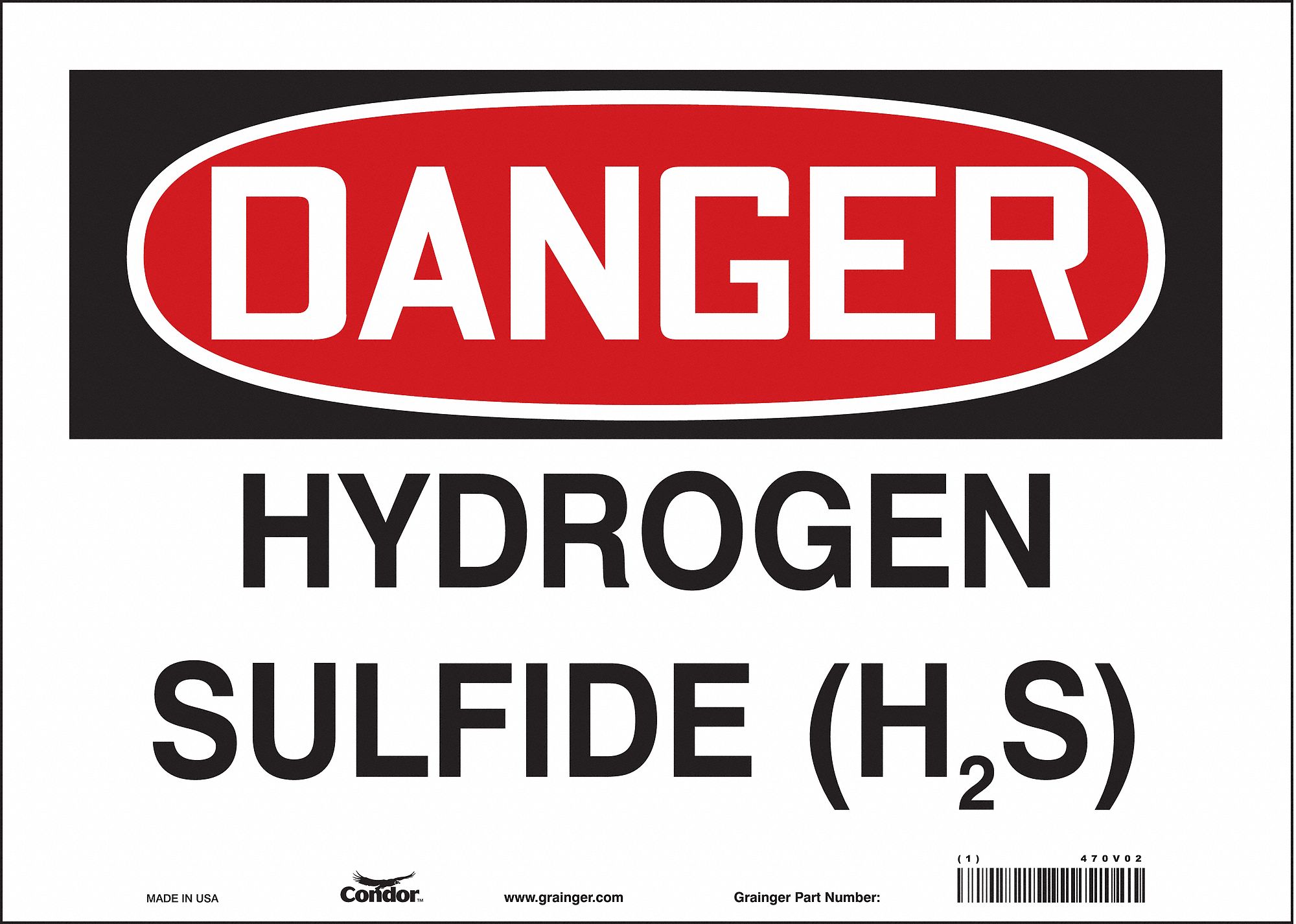 CONDOR Safety Sign, Sign Format Traditional OSHA, Hydrogen Sulfide (H2S ...