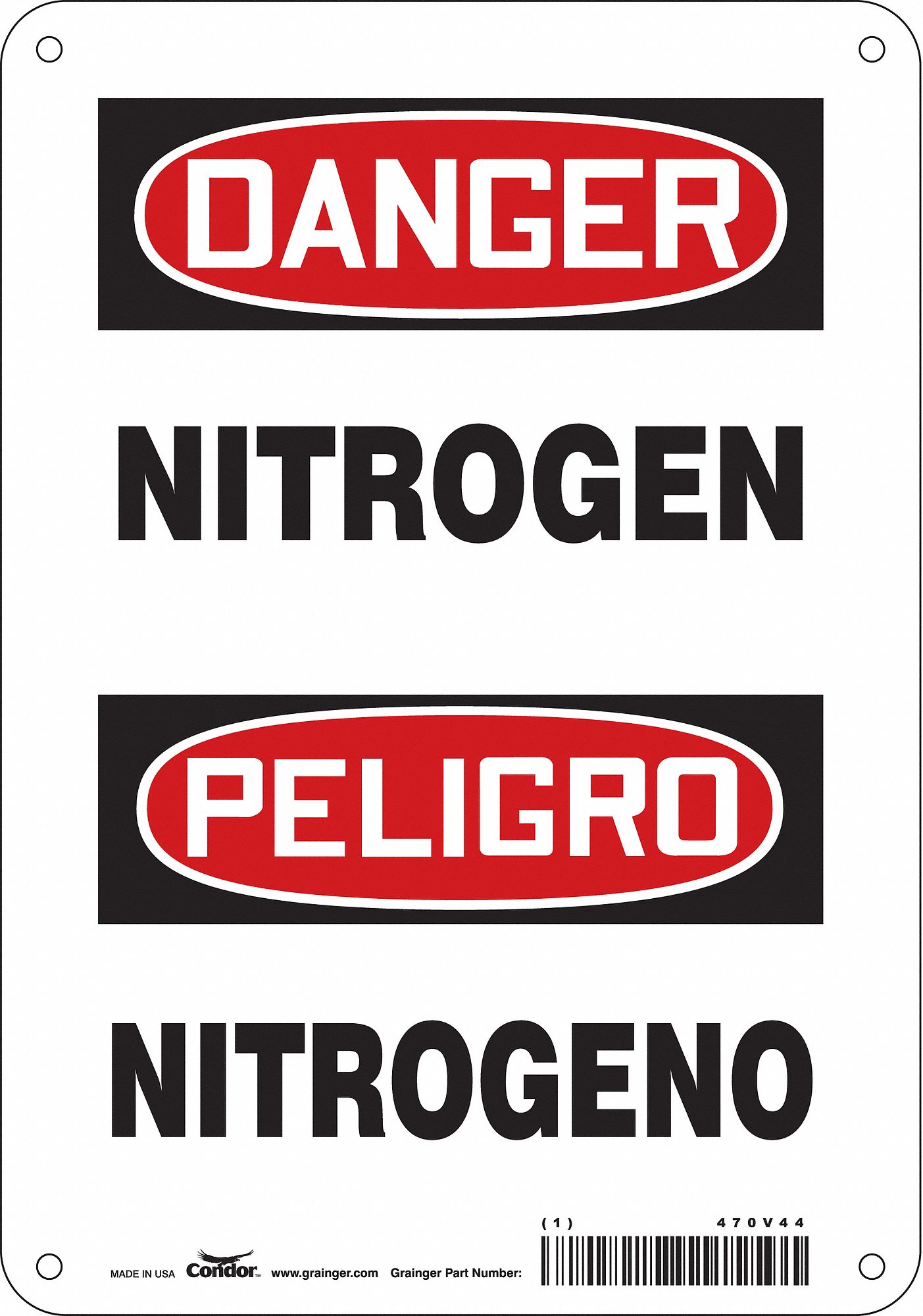 CONDOR Safety Sign, Sign Format Traditional OSHA, Nitrogen/Nitrogeno