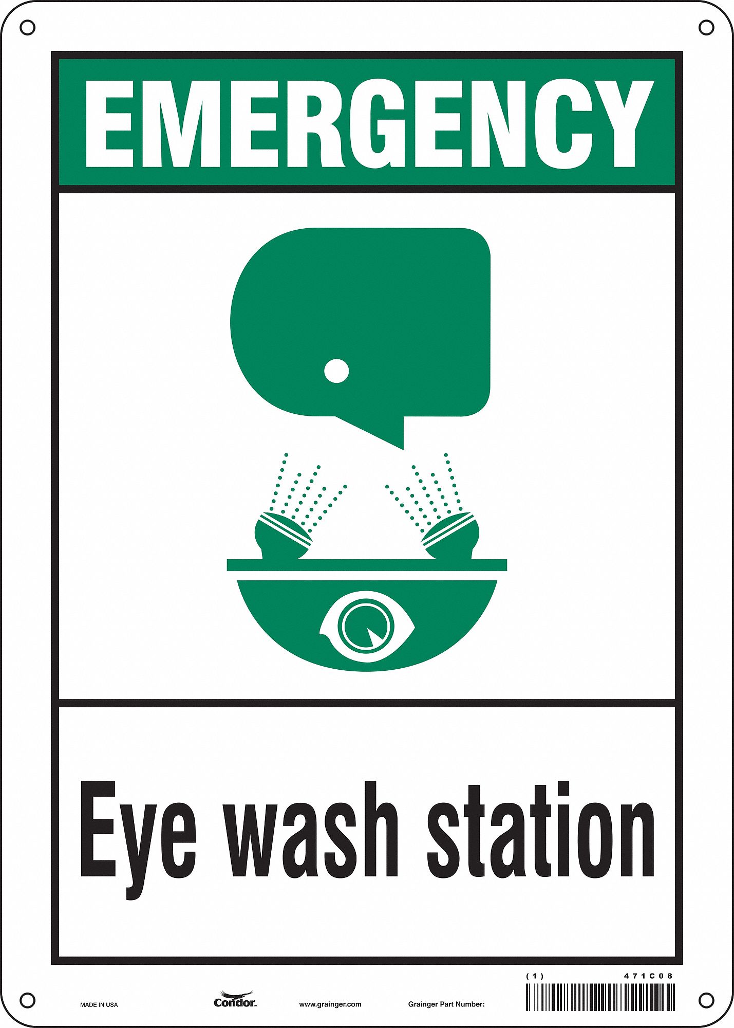 SAFETY SIGN, POLYETHYLENE, MOUNTING HOLES, 14 IN X 10 IN NOMINAL SIGN SIZE, EYE WASH STATION