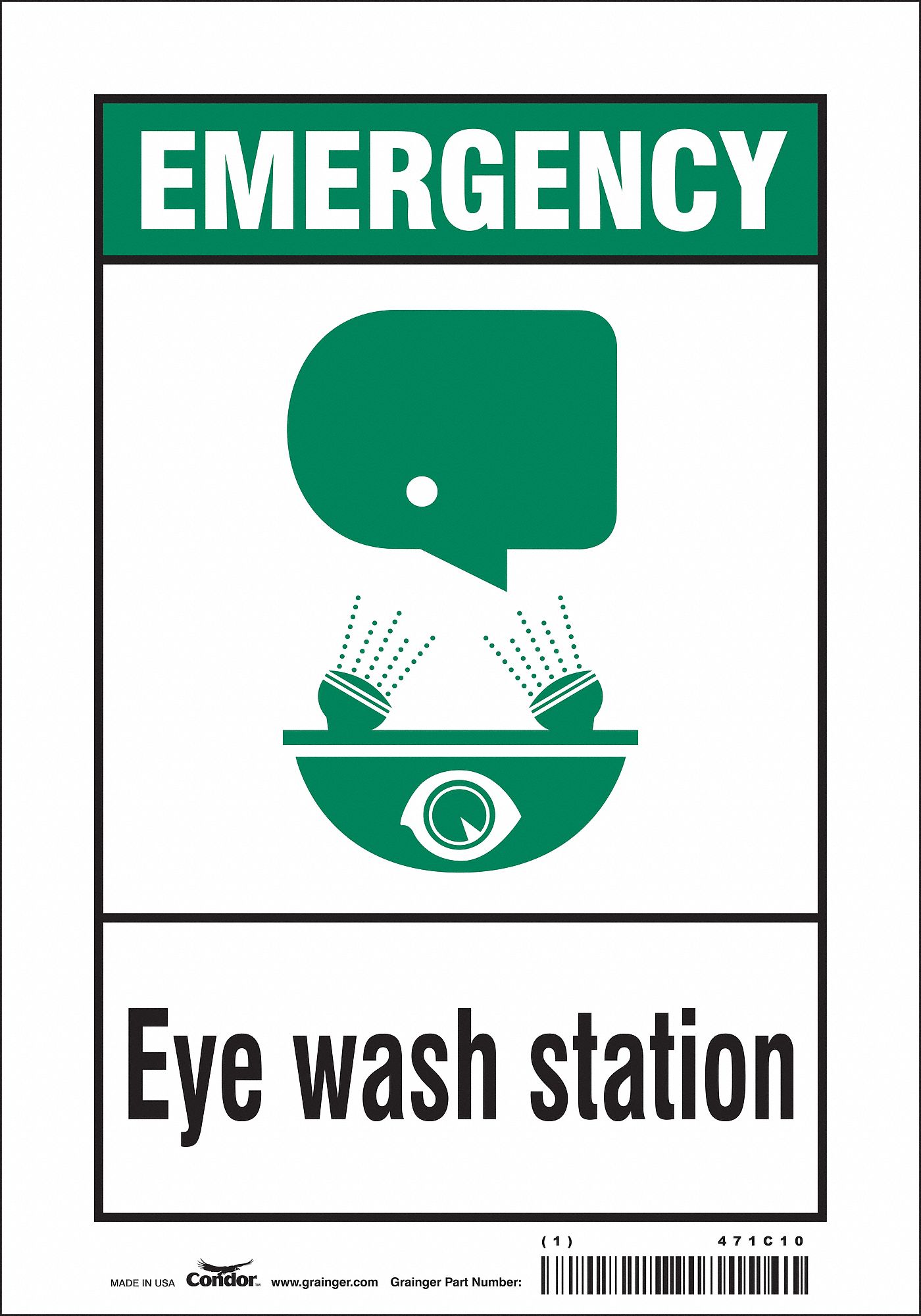 CONDOR Safety Sign, Eye Wash Station, Sign Header Emergency, Vinyl, 10 ...