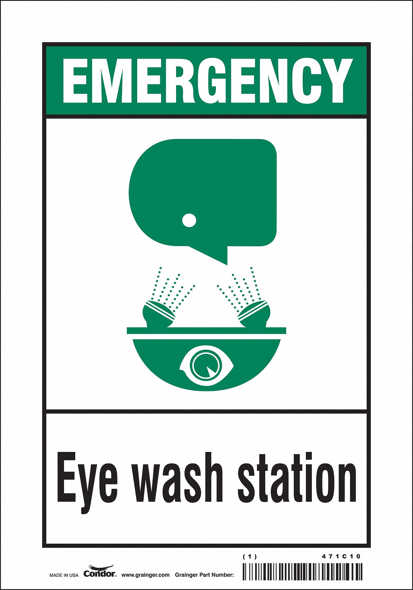 CONDOR Safety Sign, Eye Wash Station, Sign Header Emergency, Vinyl, 10