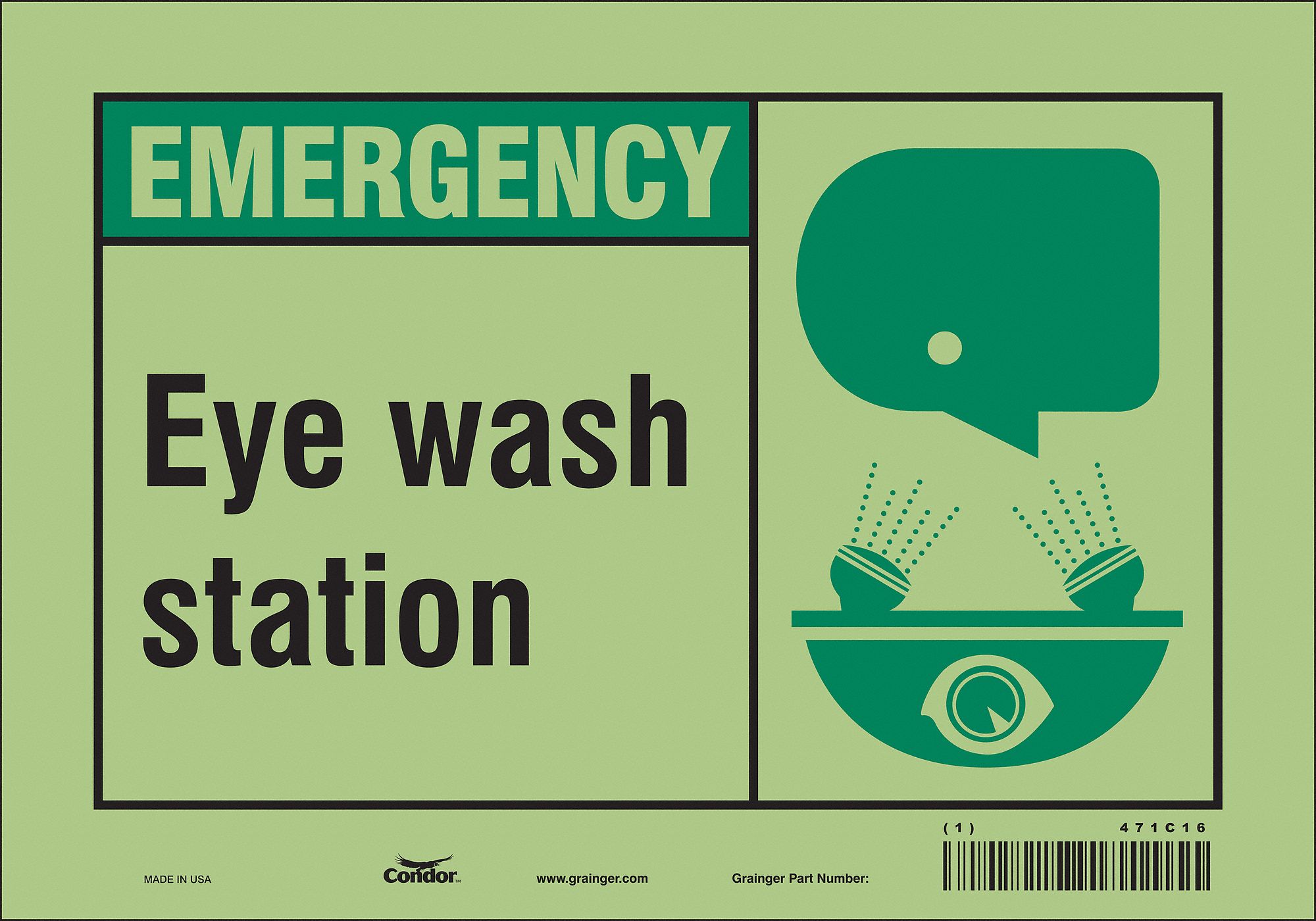 SAFETY SIGN, GLOW VINYL, ADHESIVE MOUNT, 7 IN X 10 IN NOMINAL SIGN SIZE, NOT RETROREFLECTIVE, EYE WASH STATION