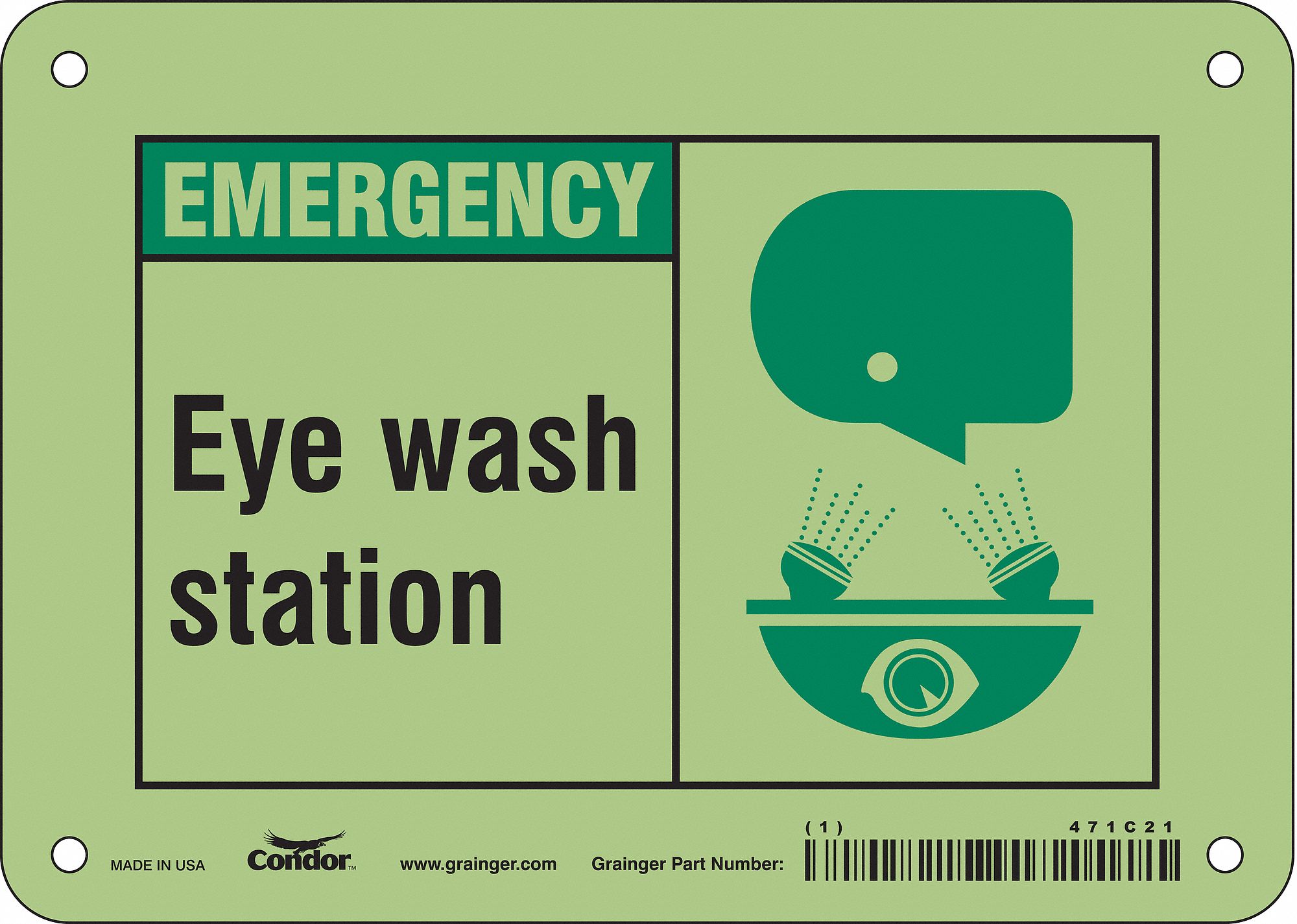 Safety Sign: Aluminum, Mounting Holes Sign Mounting, 5 in x 7 in Nominal Sign Size, Glow In The Dark