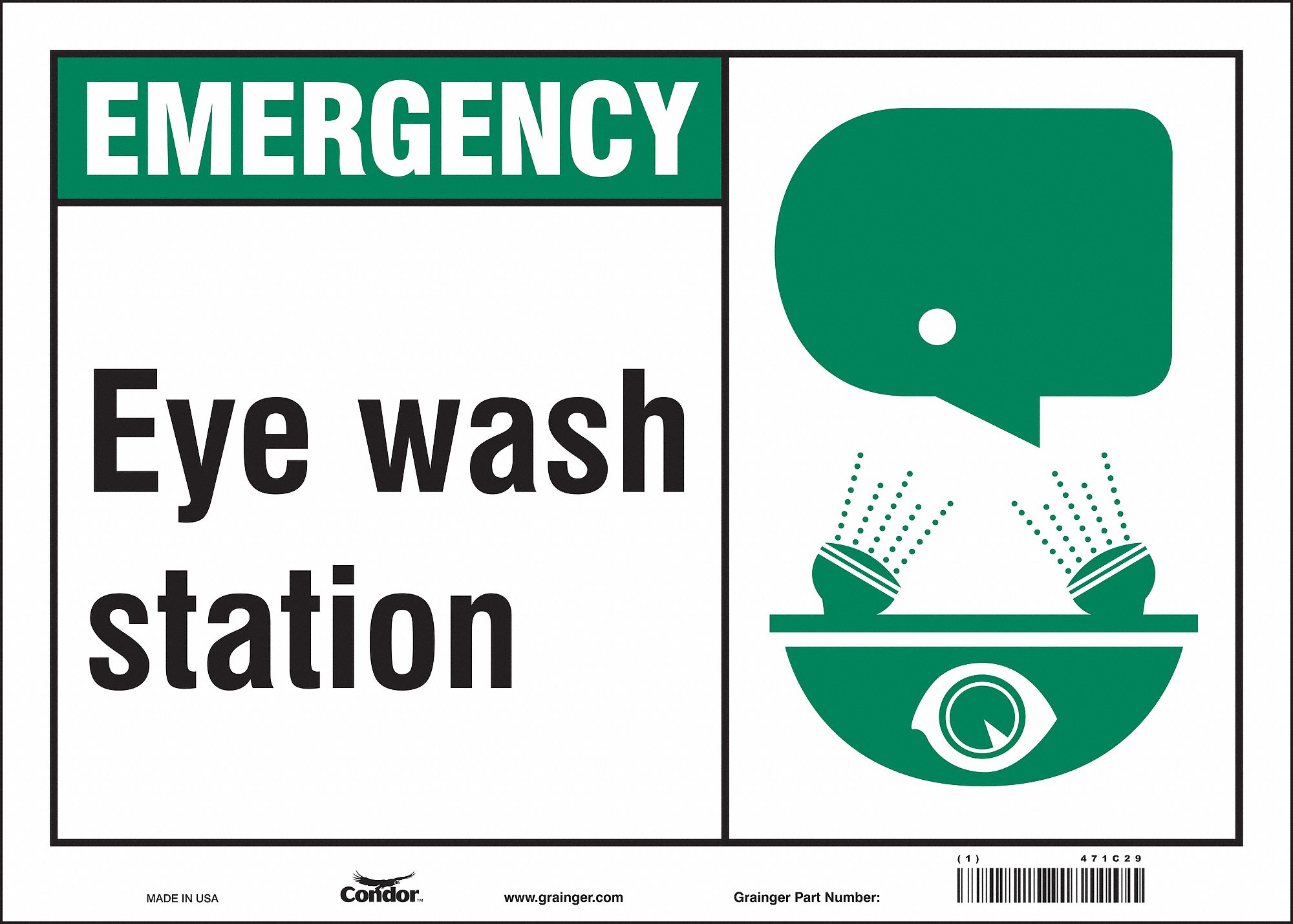 CONDOR Safety Sign, Eye Wash Station, Sign Header Emergency, Vinyl, 10