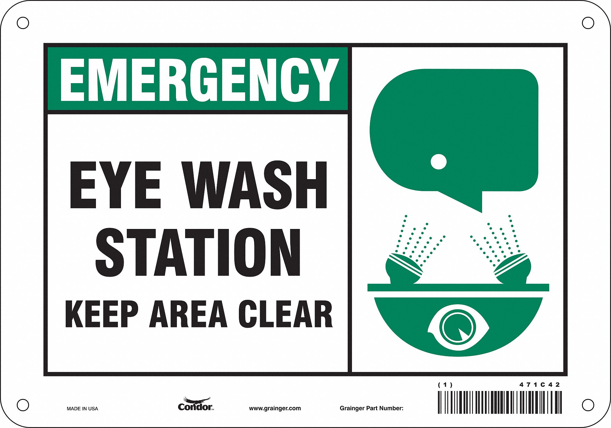 CONDOR Safety Sign, Eye Wash Station Keep Area Clear, Sign Header