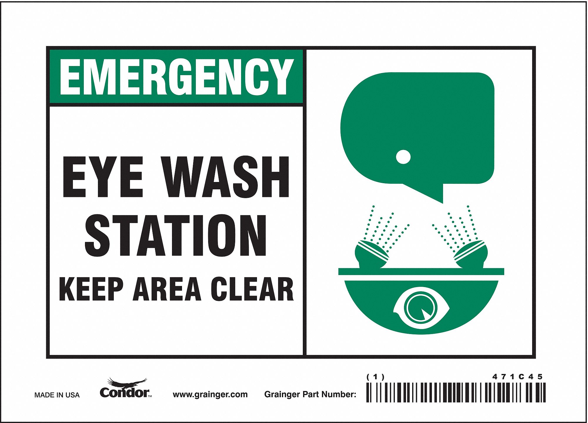 SAFETY SIGN, VINYL, ADHESIVE MOUNT, 5 IN X 7 IN NOMINAL SIGN SIZE, NOT RETROREFLECTIVE, EYE WASH STATION KEEP AREA CLEAR