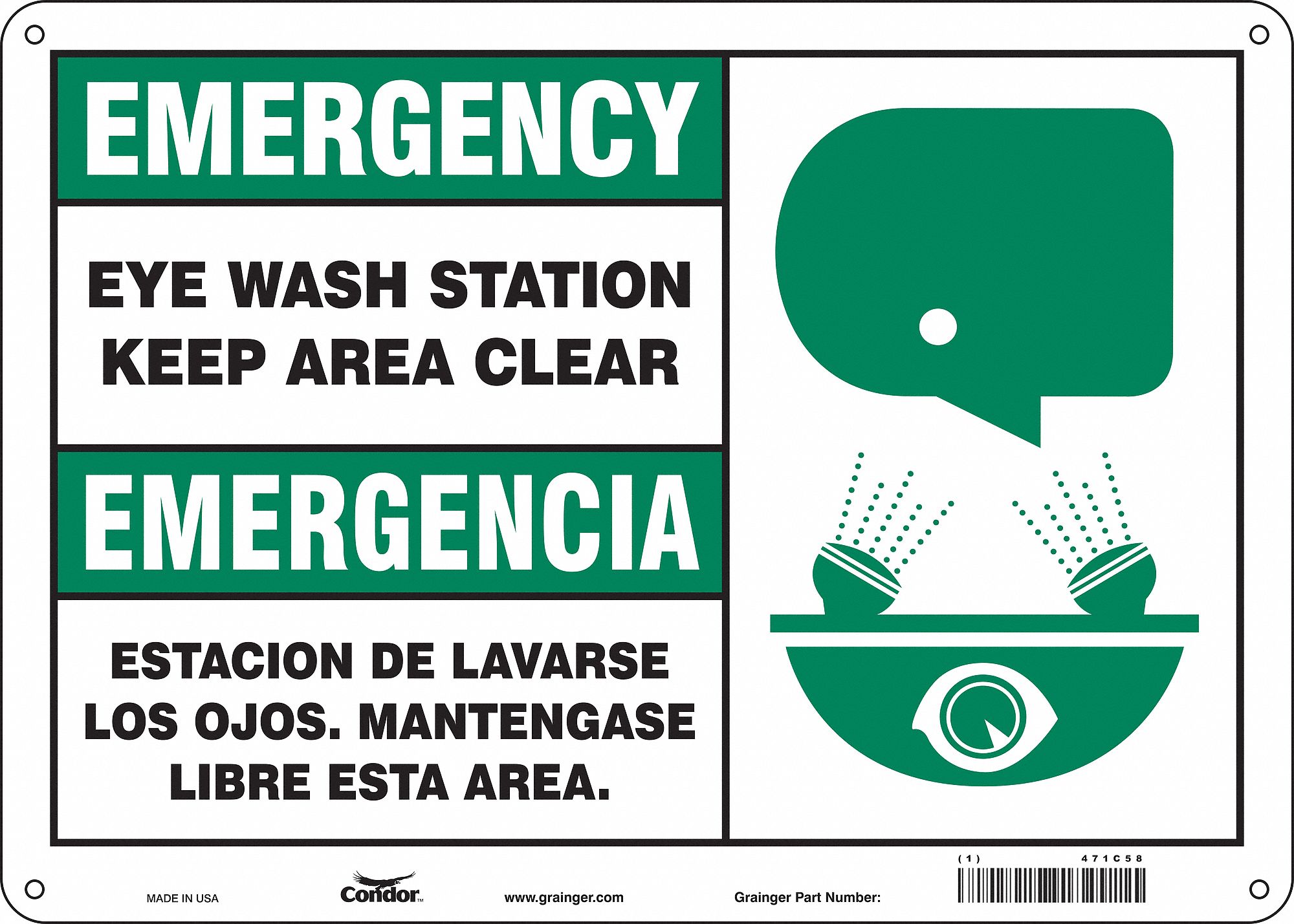 SAFETY SIGN, POLYETHYLENE, MOUNTING HOLES, 10 IN X 14 IN NOMINAL SIGN SIZE, EYE WASH STATION KEEP AREA CLEAR....