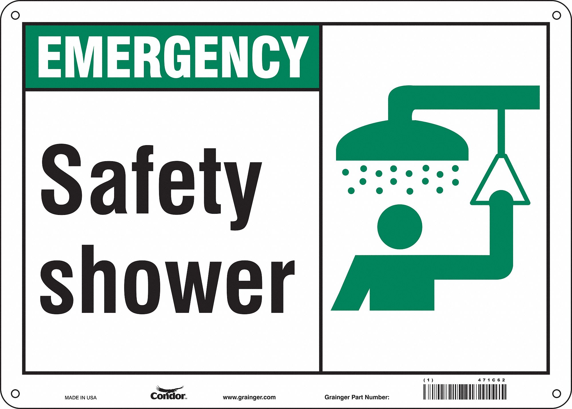 SAFETY SIGN, ALUMINUM, MOUNTING HOLES, 10 IN X 14 IN NOMINAL SIGN SIZE, 0.032 IN THICK, SAFETY SHOWER