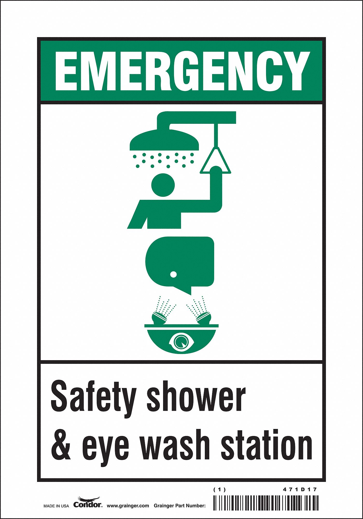 SAFETY SIGN, VINYL, ADHESIVE MOUNT, 10 X 7 IN NOMINAL SIGN SIZE, NOT RETROREFLECTIVE, SAFETY SHOWER & EYE WASH STATION