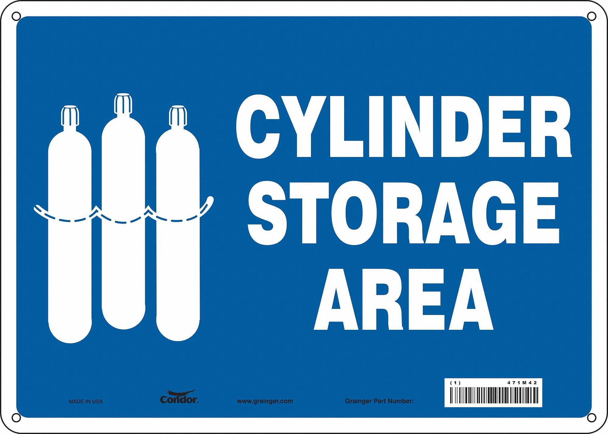 SAFETY SIGN, ALUMINUM, MOUNTING HOLES, 10 IN X 14 IN NOMINAL SIGN SIZE, 0.032 IN THICK, CYLINDER STORAGE AREA