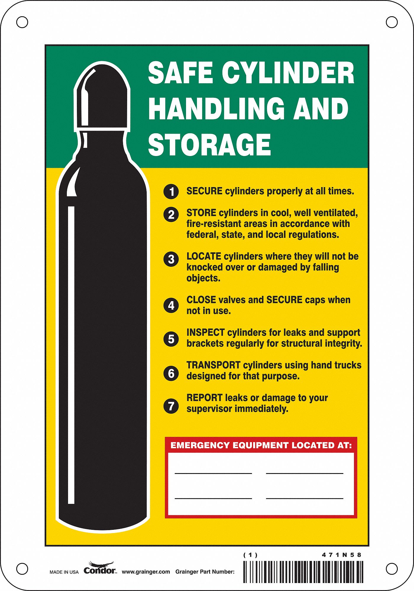SAFETY SIGN, ALUMINUM, MOUNTING HOLES, 10 X 7 IN NOMINAL SIGN SIZE, 0.032 IN THICK, SAFE CYLINDER HANDLING & STORAGE