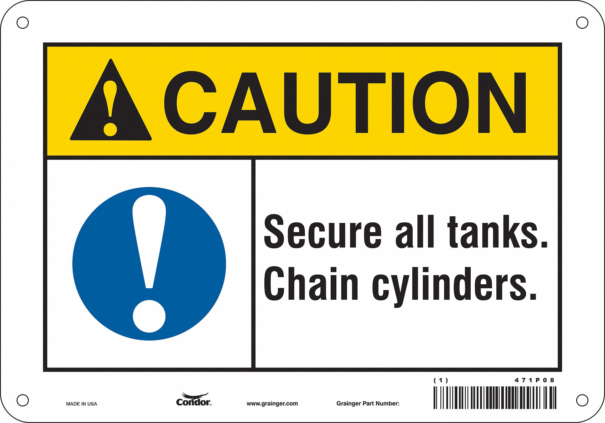 Safety Sign: Aluminum, Mounting Holes Sign Mounting, 7 in x 10 in Nominal Sign Size, 0.032 in Thick