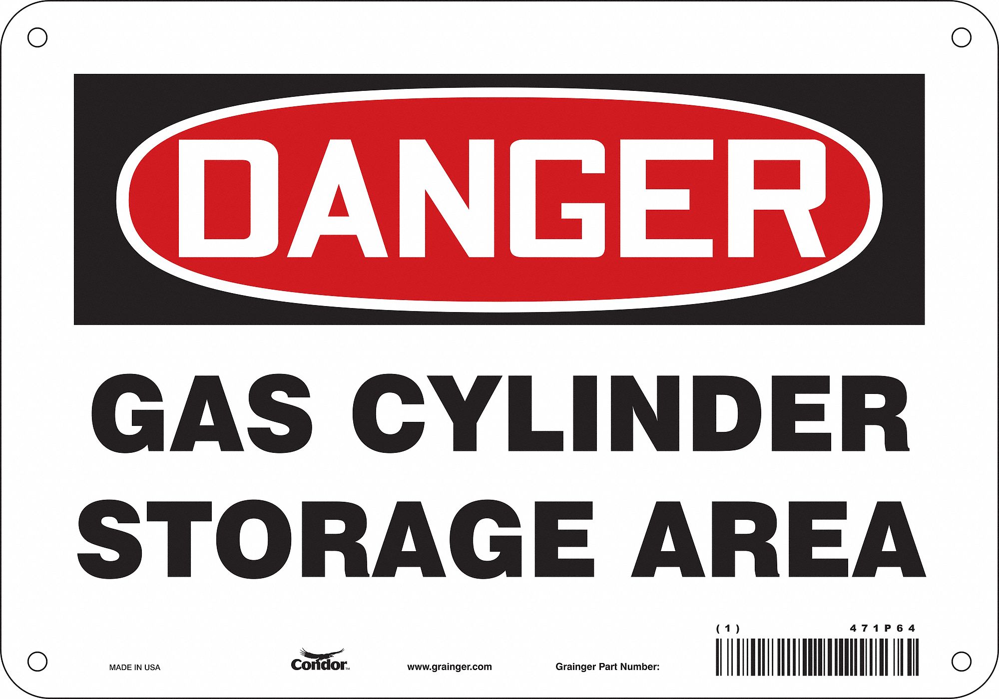 SAFETY SIGN, ALUMINUM, MOUNTING HOLES, 7 IN X 10 IN NOMINAL SIGN SIZE, 0.032 IN THICK, GAS CYLINDER STORAGE AREA