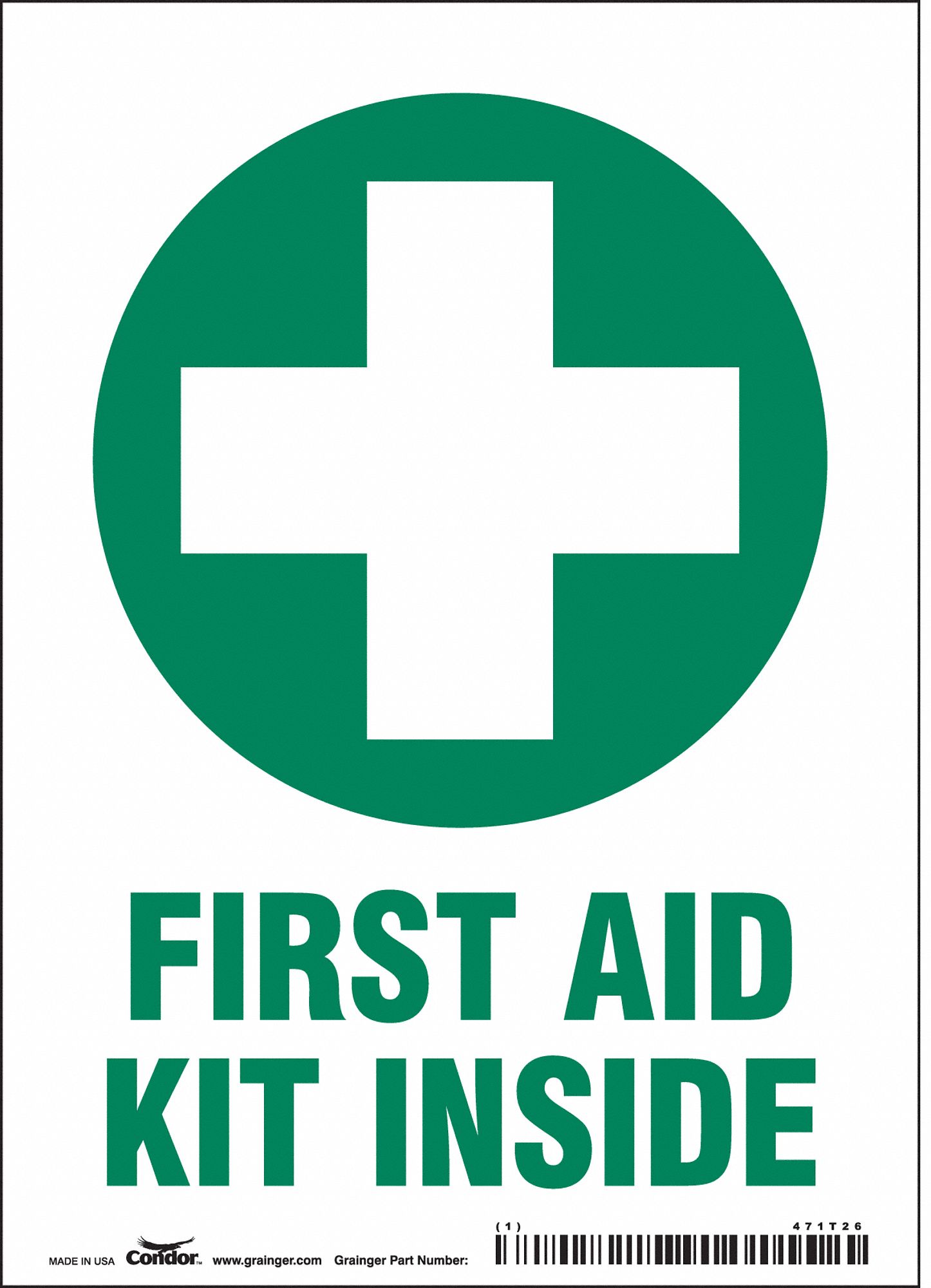 SAFETY SIGN, VINYL, ADHESIVE MOUNT, 7 IN X 5 IN NOMINAL SIGN SIZE, NOT RETROREFLECTIVE, FIRST AID KIT INSIDE