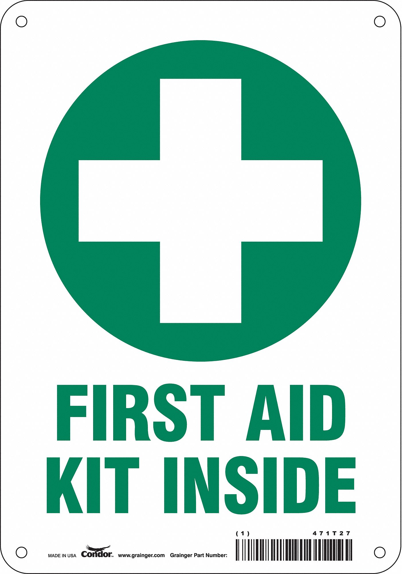 SAFETY SIGN, VINYL, ADHESIVE MOUNT, 10 IN X 7 IN NOMINAL SIGN SIZE, NOT RETROREFLECTIVE, FIRST AID KIT INSIDE