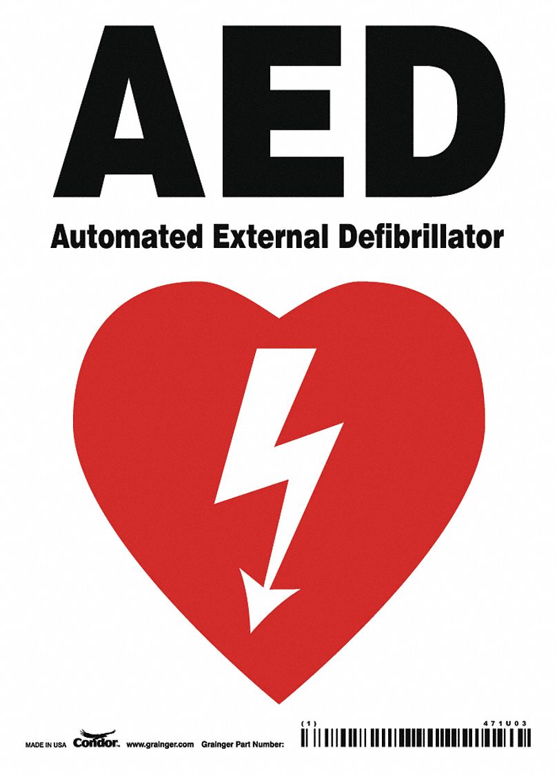 SAFETY SIGN, VINYL, ADHESIVE MOUNT, 7 X 5IN NOMINAL SIGN SIZE, NOT RETROREFLECTIVE, AED AUTOMATED EXTERNAL DEFIBRILLATOR