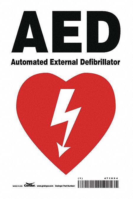 SAFETY SIGN, VINYL, ADHESIVE MOUNT, 10X7IN NOMINAL SIGN SIZE, NOT RETROREFLECTIVE, AED AUTOMATED EXTERNAL DEFIBRILLATOR