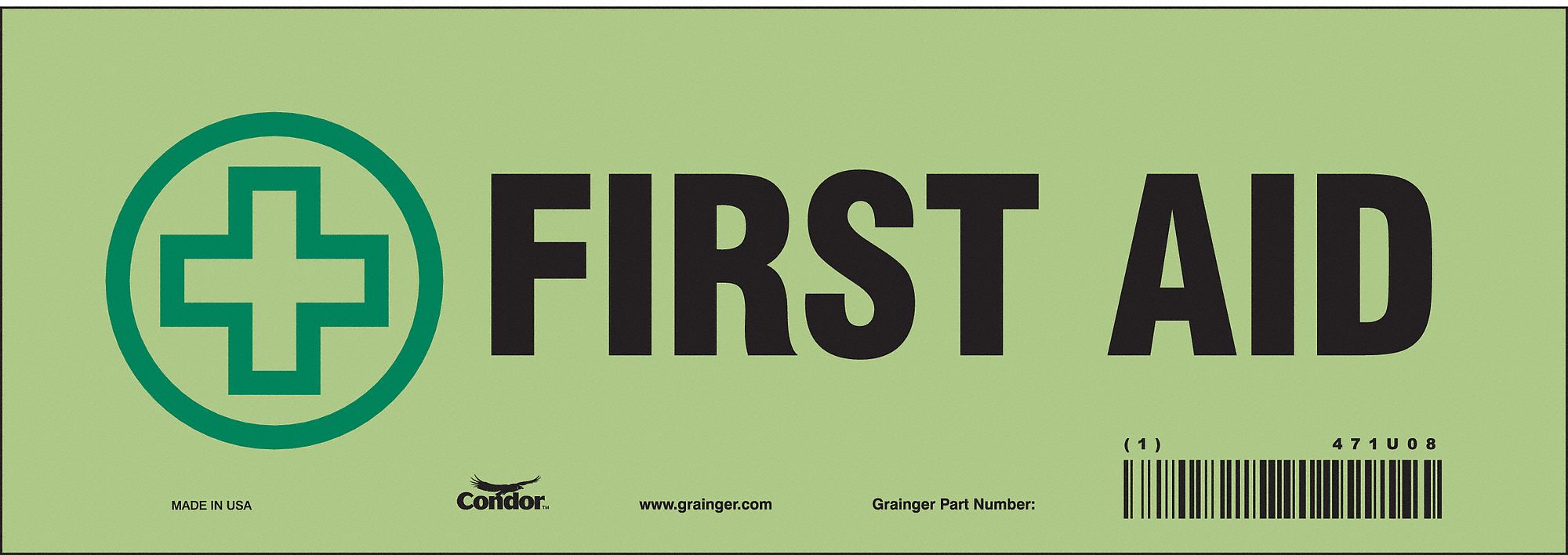 SAFETY SIGN, GLOW VINYL, ADHESIVE MOUNT, 3½ IN X 10 IN NOMINAL SIGN SIZE, 0.01 IN THICK, FIRST AID