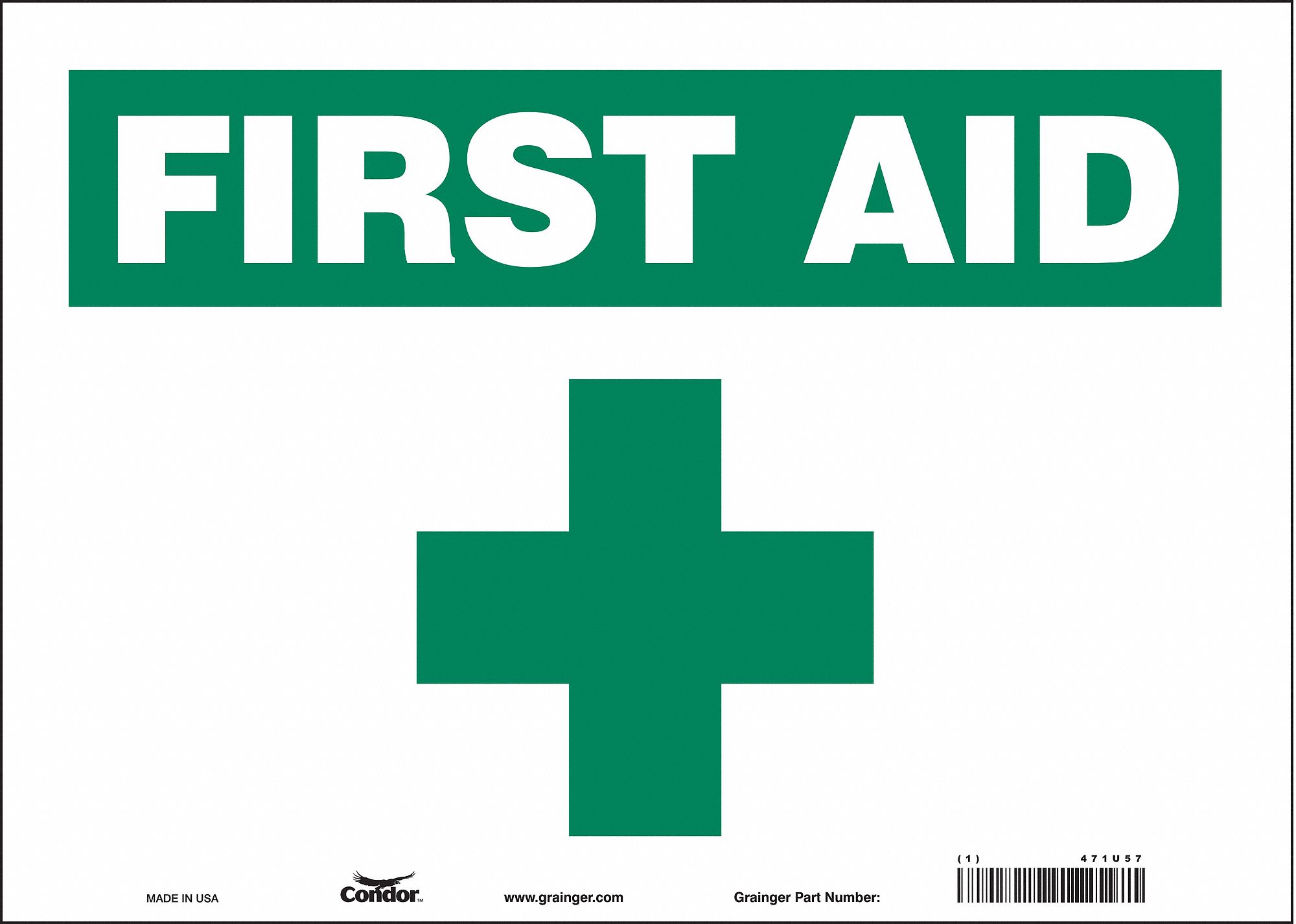 SAFETY SIGN, VINYL, ADHESIVE MOUNT, 10 IN X 14 IN NOMINAL SIGN SIZE, NOT RETROREFLECTIVE, FIRST AID