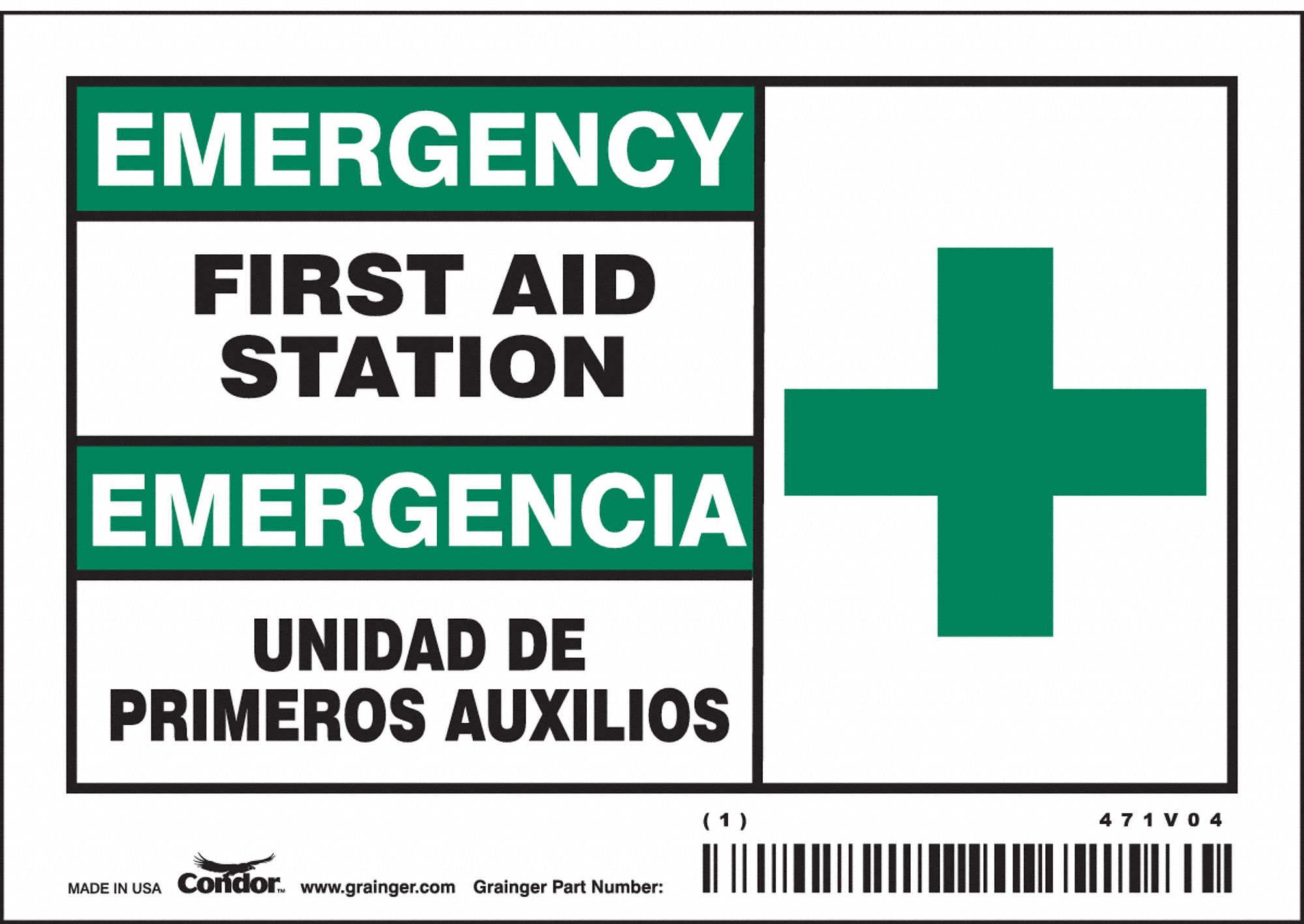 SAFETY SIGN, VINYL, ADHESIVE MOUNT, 3½ X 5 IN, 0.02 IN THICK, 5 PK, FIRST AID STATION/UNIDAD DE PRIMEROS AUXILIOS
