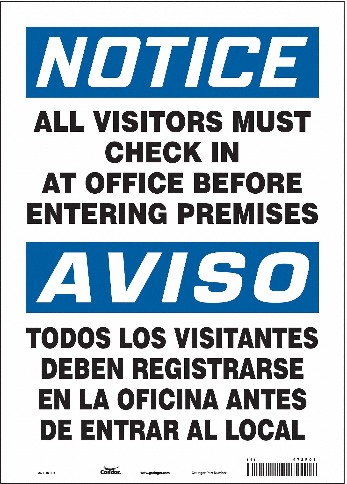 SAFETY SIGN, VINYL, ADHESIVE, 14X10 IN, NOT RETROREFLECTIVE, ALL VISITORS MUST CHECK IN AT OFFICE BEFORE ENTERING PRE...